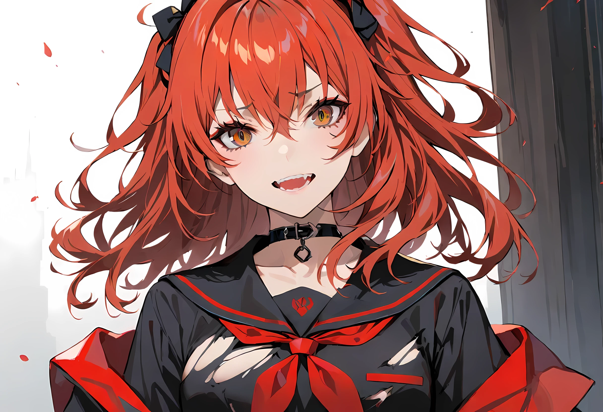 Fair, masterpiece, best quality, extremely detailed face, perfect lighting,1 girl, alone, ryuko matoi, Fuku Kurosawa, black skirt, Red hair, Immortal Secret, torn clothes, underboobs