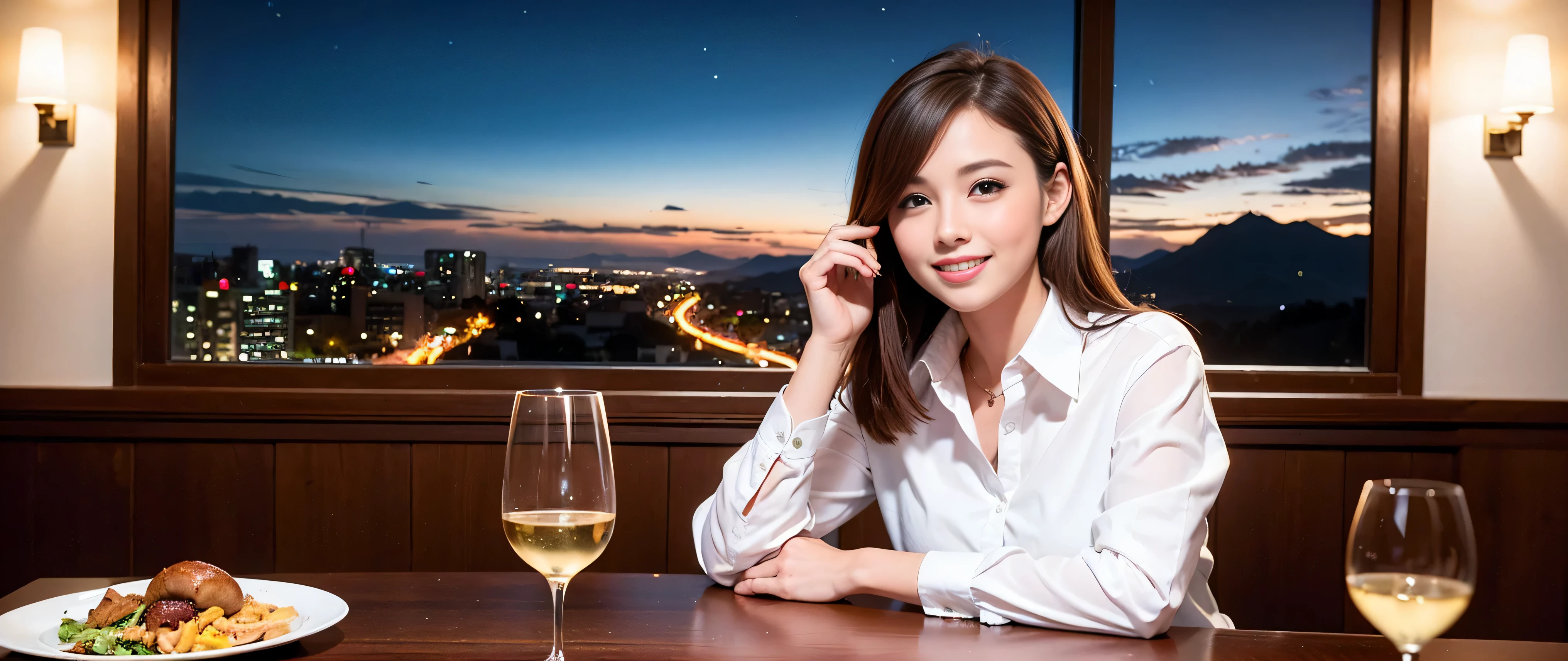K, Hmm, highest quality, masterpiece: 1.2), (realistic, photorealistic: 1.37), Spectacular view of the sunset sky and clouds、Amazing mountain views、3 slim beauties, (slim face),Happy、 the best smile、Fox face、Berry Short、(because I&#39;thin), (brown hair), (shortcut), long sleeve shirt、winter fashion、Colombian、Brazilian、Japanese、Dutch、German、Portuguese、Belgian、Italian、French,Champagne、sparkling wine、 (squirt), (slim body), (brown hair), (shortcut), neat beauty、cheeks turn a little red, (35 years old), 38 years old, alone, A beautiful and detailed night view spreads out outside the window....., restaurant, wine glass is sitting, At night, in a prominent place (from the Upper body) nova frog style, actress, model, Upper body, White wine, slim, wine glass, Very beautiful night view, wine glass Put in the Middle, Happy smile, (smile: 1.15), 