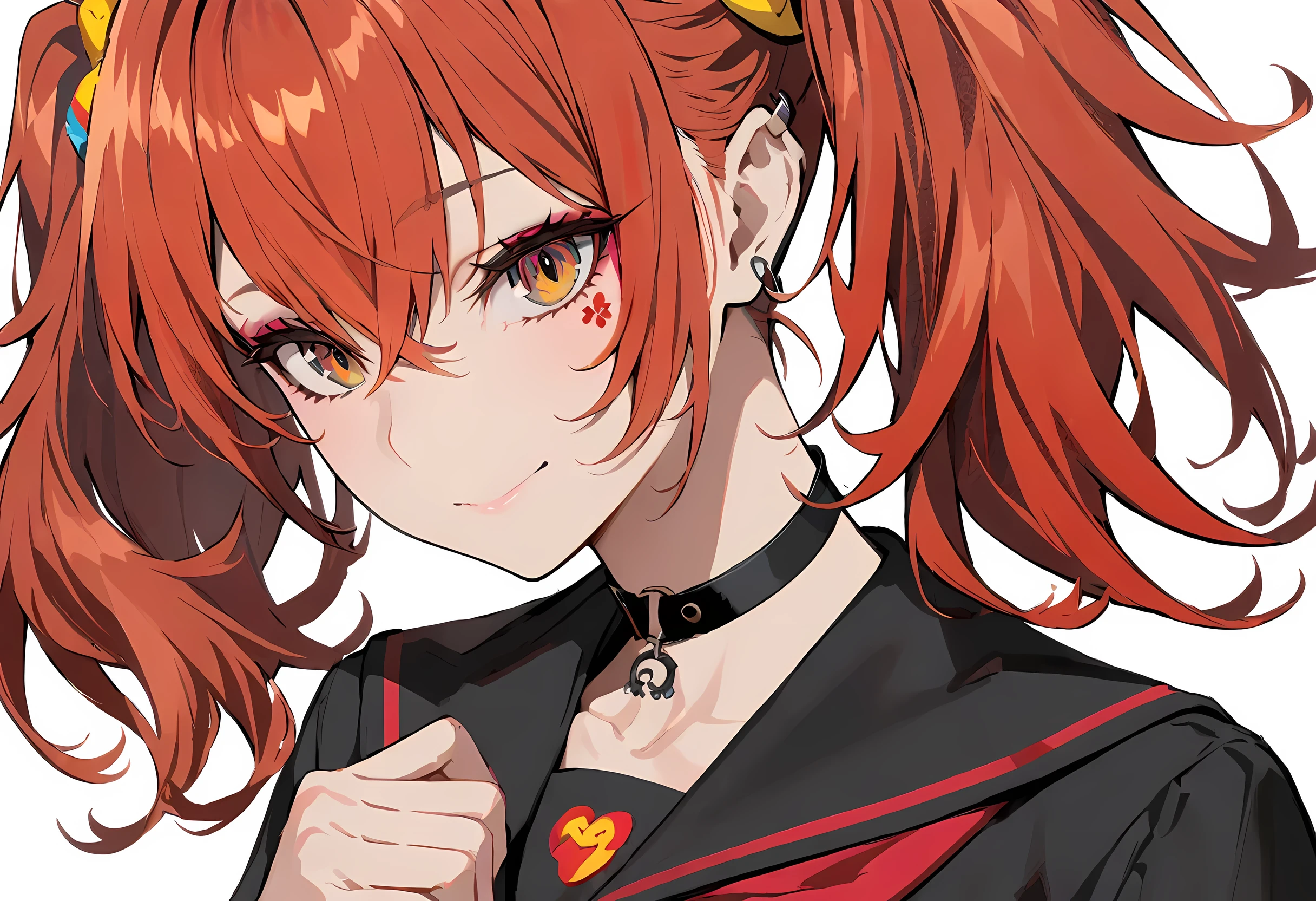 Fair, masterpiece, best quality, extremely detailed face, perfect lighting,1 girl, alone, ryuko matoi, Fuku Kurosawa, black skirt, Red hair, Immortal Secret, torn clothes, underboobs