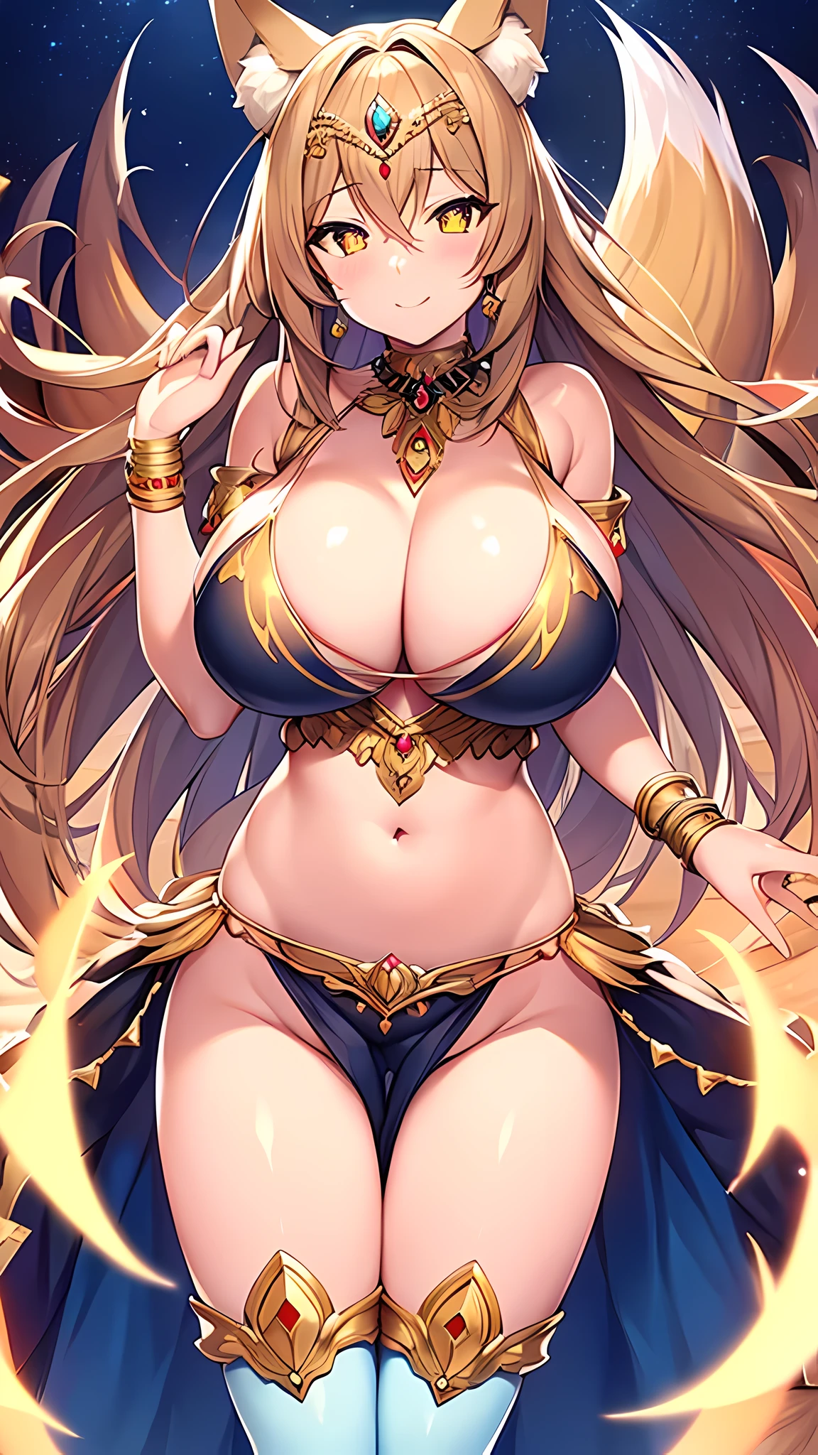 (masterpiece), best quality, expressive eyes, perfect face,(fox girl, Fox ears, fox tail),light brown hair,(glowing yellow pupils),(huge breasts:1.3),cleavage,(thigh gap:1.5),(belly dancer, harem outfit, pelvic curtain:1.2),light blue costume,crystal pendant,circlet,earrings,armlets,bracelets,bashful smile,dancing,beach,(night:1.1),(starry sky 1:1)