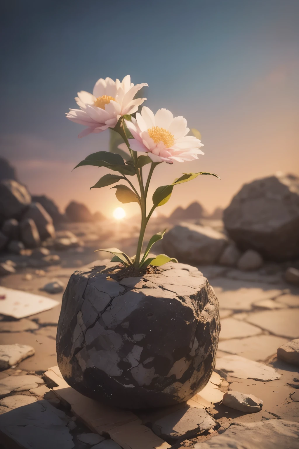 Flowers tied in rough stones、realistic pictures、(((fantastic background)))、(sunrise）、(((there are no humans、humans are prohibited)))