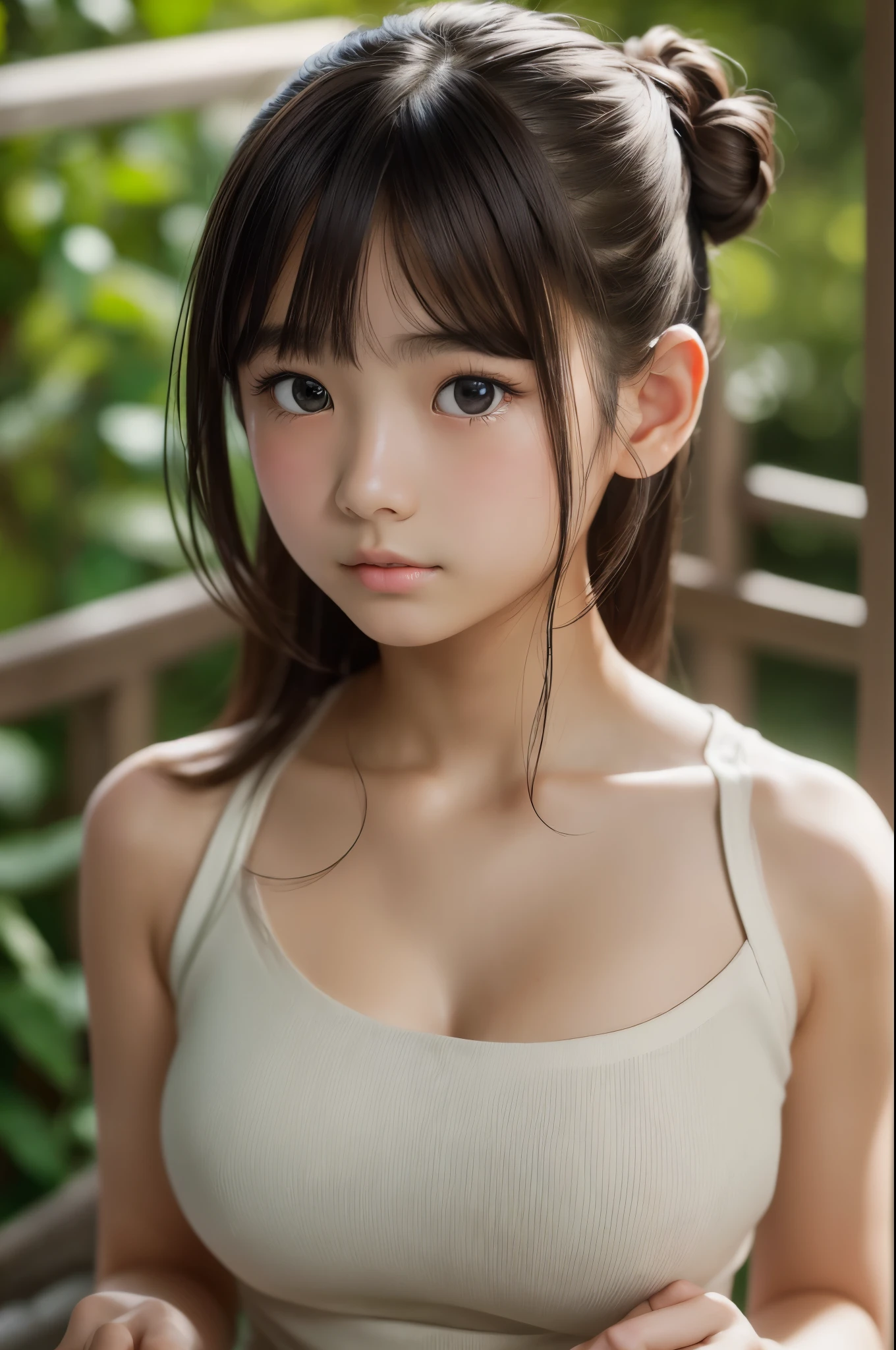 bun hair, Ultra High Resolution, (Realistic: 1.4), RAW Photo, Best Quality, (Photorealistic Stick), Focus, Soft Light, ((15 years old)), ((Japanese)), (( (young face))), (surface), (depth of field), masterpiece, (realistic), bangs, ((1 girl)), ((cleavage))
