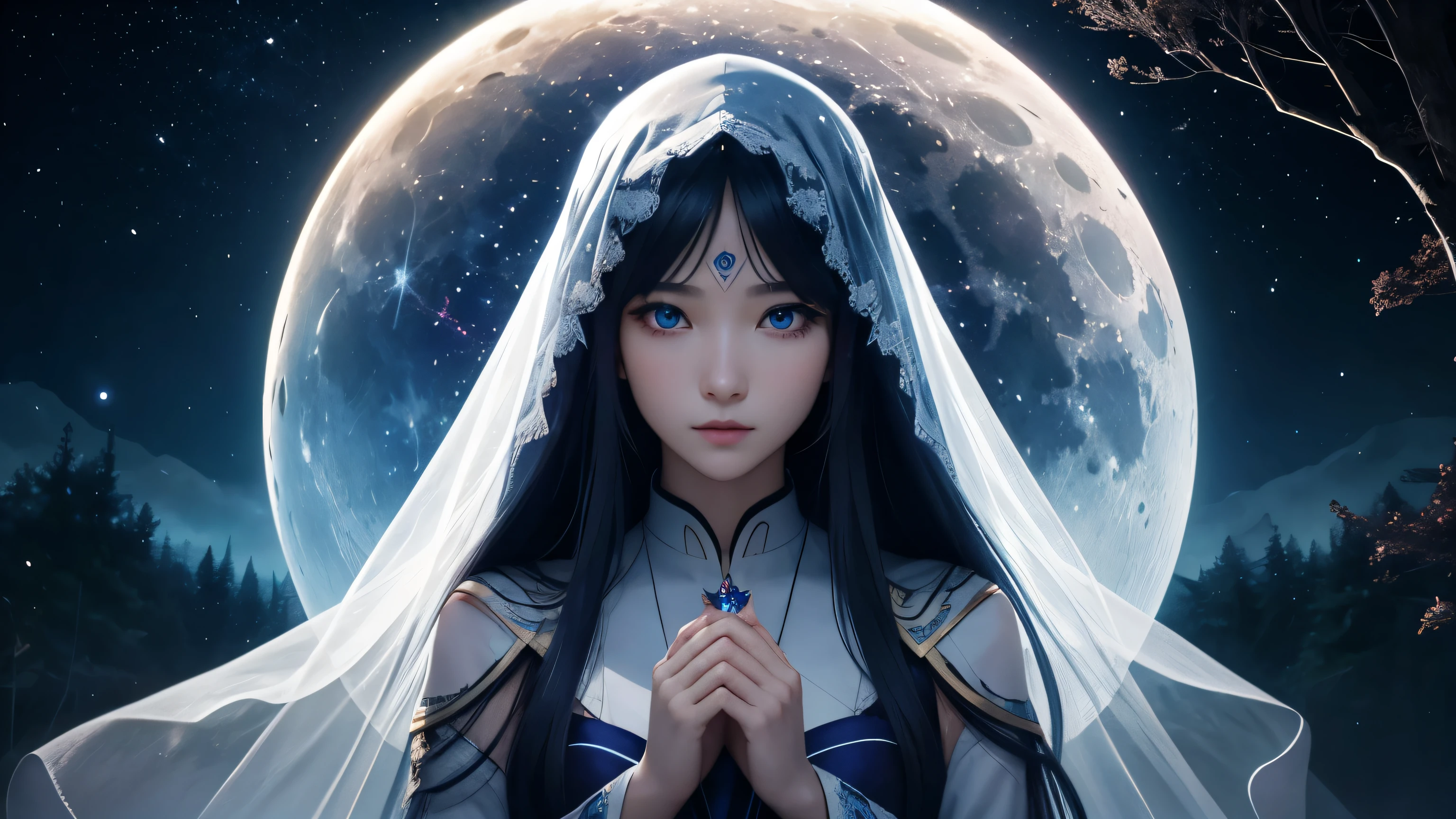 8K、Super high quality、anime、(A very beautiful female character with perfect eyes and nose)、((Beautiful clear blue eyes))、Beautiful long hair、Depiction of the upper body、(I hide my mouth and nose with a veil and perform rune fortune-telling.)、mysterious space、((six pointed star))、((facing forward))、(((I'm looking here)))、A beautiful full moon can be seen in the night sky、Surround her with colorful nebulas and colorful forests