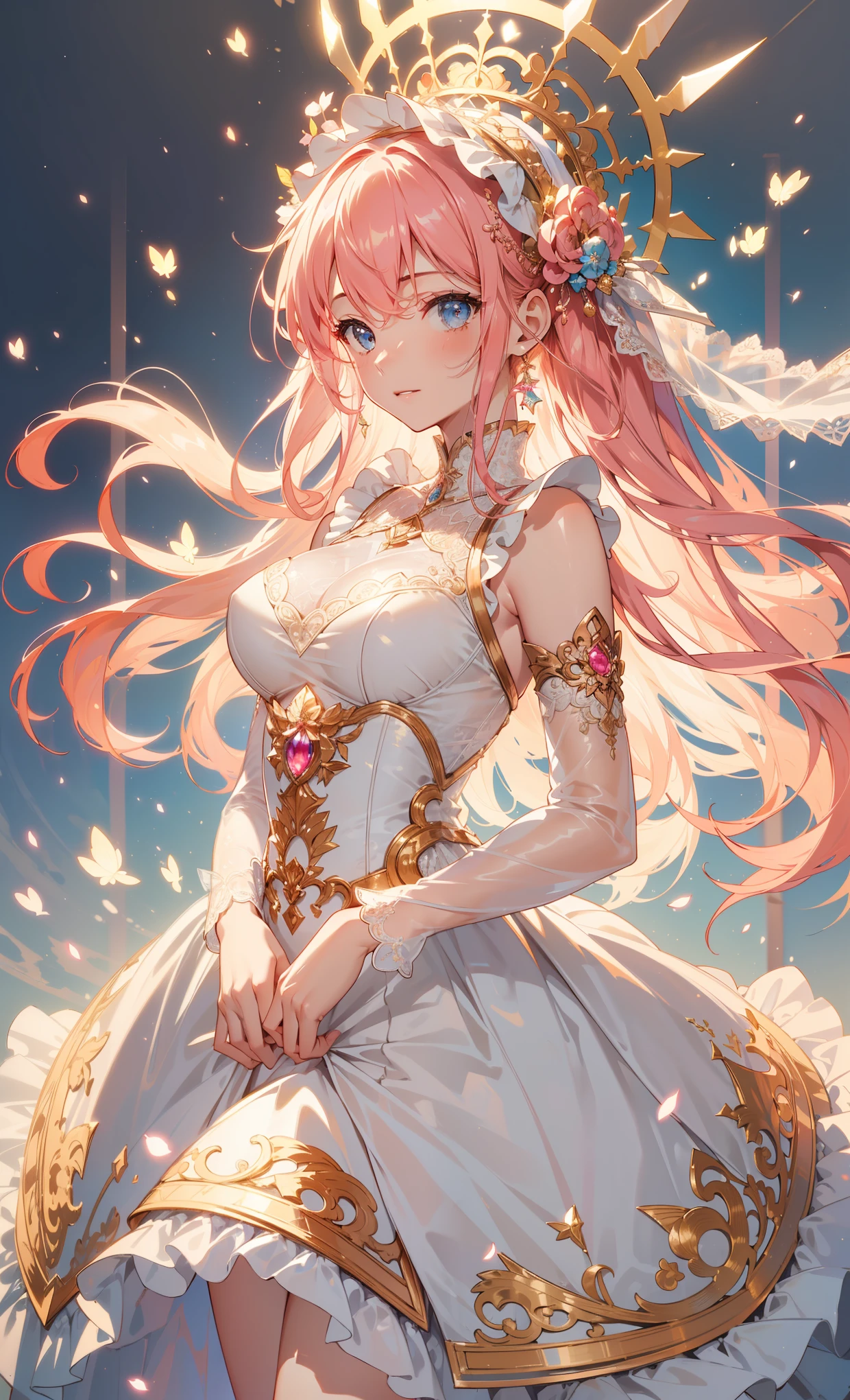 (best quality, High resolution, textured skin, high quality, high detail,Extremely detailed CG unification),teenage girl，obsessed，divine happiness，in love，having fun，(Heavenly Maxi and Ballgown Combinations)，pink hair，blue eyes，(fabric headwear minimalism，multi-layered ruffles，lace，exquisite embroidery，Exquisite patterns，Fabric headwear，dress nicely，sheer transparent clothes，bedroom，閃閃發Light的，(Looks like it&#39;s covered by a transparent skirt:1.1)，Light，night，the only person，Fluttering skirts，Exquisite and beautiful face，dynamic angle