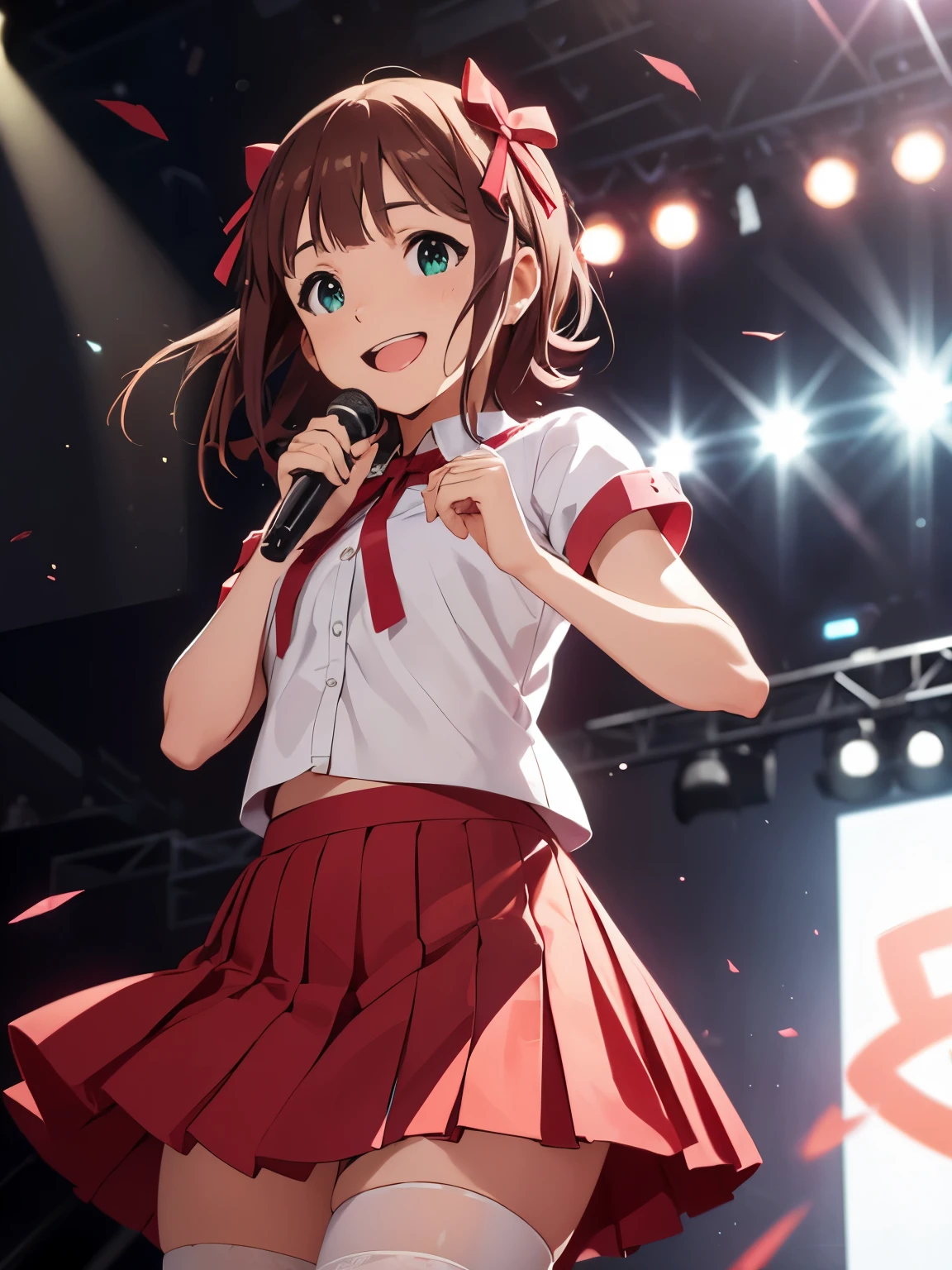 CG, unity, 8k, wallpaper, highest quality, masterpiece, cute girl singing, haruka amami, (smile: 1.3), open your mouth wide, Small symmetrical ribbons on each side of the head, (red skirt: 1.3), BREAK, (white stockings: 1.3), sweaty, best lighting, complex pupils, complex textile, detailed background, on stage, particles of light, Singing on stage as a top idol