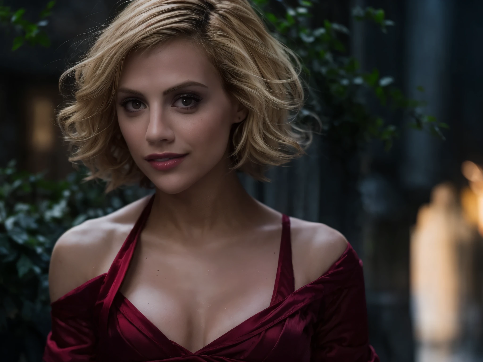 headshot of Britanny Murphy, ((blonde hair, short hair)), standing a french village street, (wearing long sleeved red satin dress:1.2),   soft lighting, film grain, Fujifilm XT3, dark theme,  