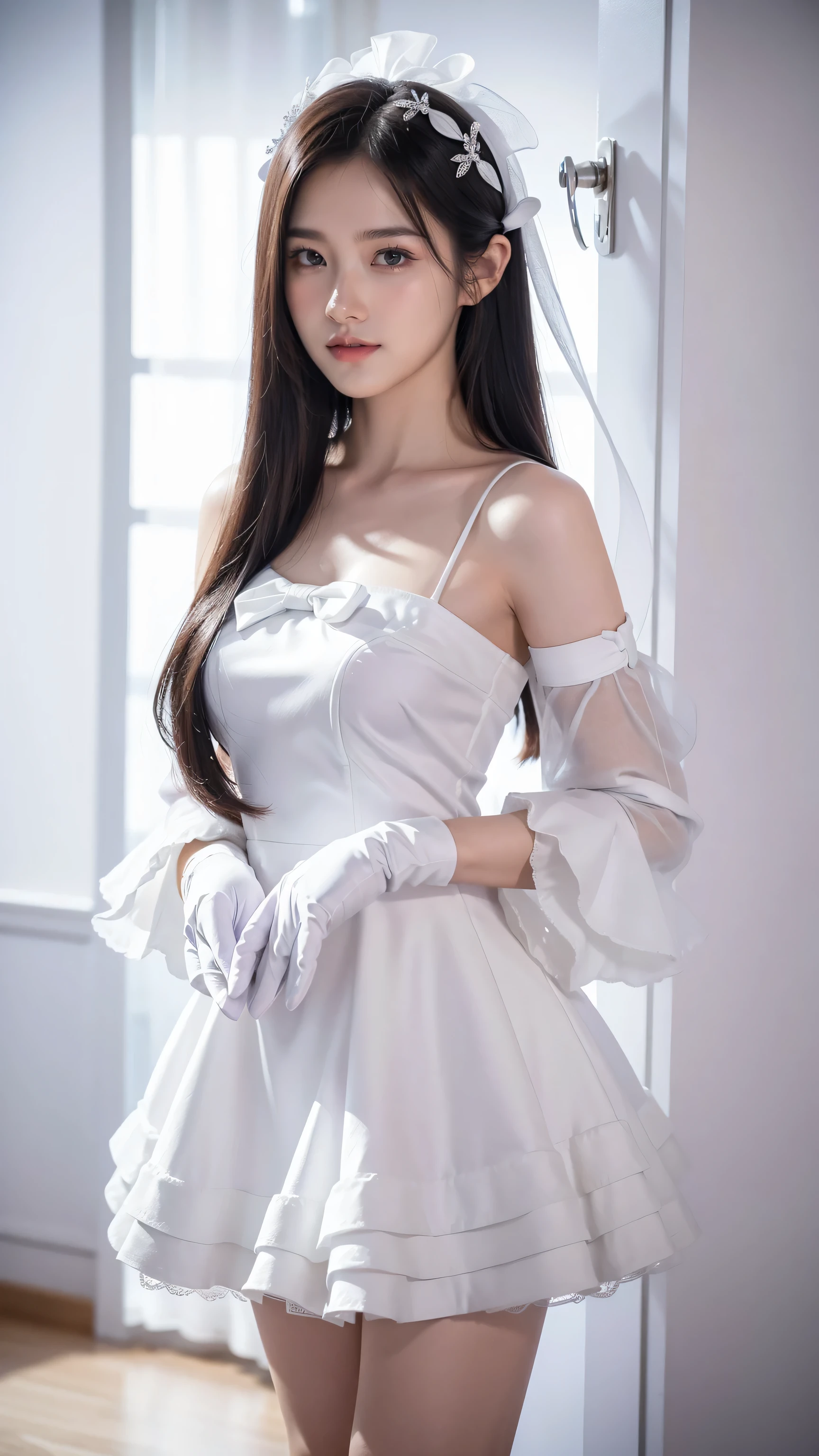 Korean,Realistic, artwork, final detail, photo Realistic, intricate detail, octane rendering, 8K, 1 girl, full body, perfect face, pretty face, nswf, reference, hair detail,, white bow, white gloves, white legs, blue eyes, blue hair, bow, collarbone, dress, sticking hair, ruffles, ruffles, gloves, gwen, headdress, high resolution, long hair, parted lips, puffed sleeves, purple eyes, smile, alone, white dress, oily skin, cheeks, sweet smile.