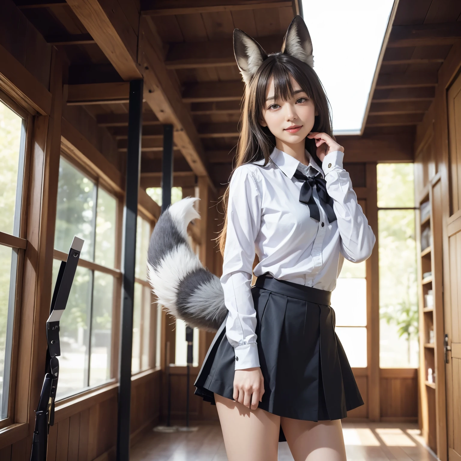 Girl with a furry しっぽ , fox tail, Bushy Tail, collared shirt,table top, 最high quality, figure, ultra-de tail ed, finede tail, High resolution, 8k wallpaper, 完璧なダイナミックな構figure, Beautiful deしっぽed eyes,Full body shot，Show me your whole body、thin and transparent、long gray hair, ,smile,Harajuku、18 year old girl、eyeliner、beautiful bangs、hair between eyes、最high quality、ultra-de tail liert、film light、intricate-deしっぽ、High resolution、ighly deしっぽed))、detailed background、8KUHD、Digital single-lens reflex camera、soft light、high quality、film grain、Fujifilm XT3 、shallow depth of field、natural soft light、Kamimei、I looked at my knees., sexy shot looking at camera、on the leg、Full body shot facing the camera、look back、(The fox&#39;s tail pushes up the hem of the skirt and stands tall.:1.9)、(The tail that grows from the buttocks sticks out from the hem of the skirt.:1.9)