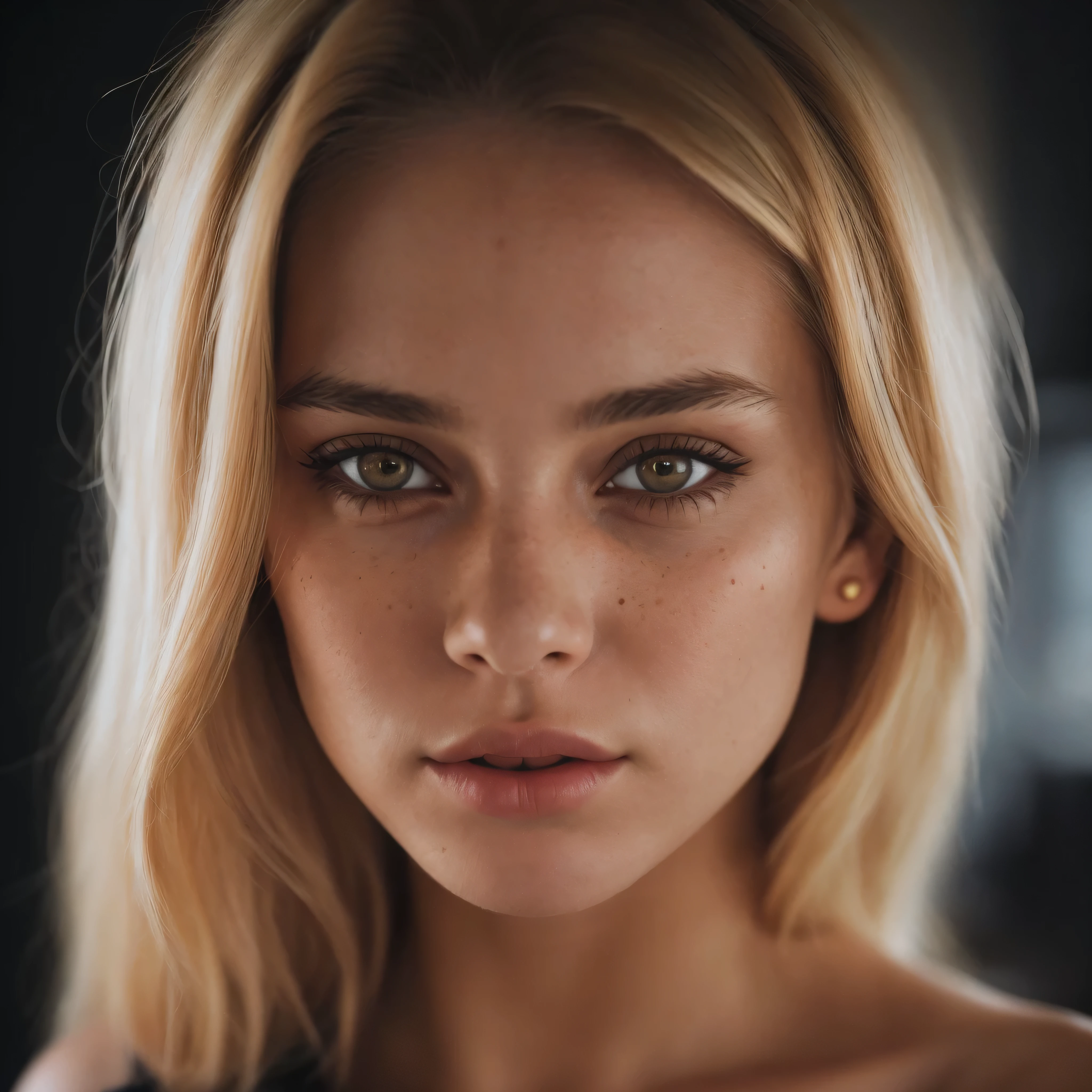(close-up, editorial photograph of a 19 year blonde woman), blond hairbl, Brown eyes, solo, 19yo, off-shoulder, Top Quality, masterpeace, extra high resolution, (highly detailed face:1.4) (smile:0.7) (background inside dark, moody, private study:1.3) POV, by lee jeffries, nikon d850, film stock photograph ,4 kodak portra 400 ,camera f1.6 lens ,rich colors ,hyper realistic ,lifelike texture, dramatic lighting , cinestill 800,