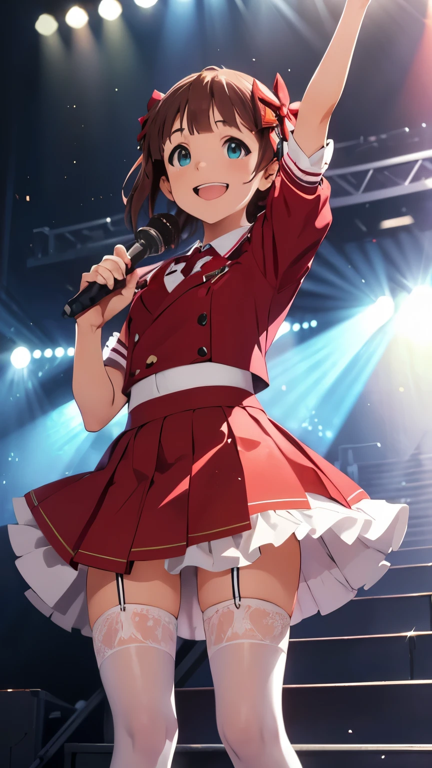 CG, unity, 8k, wallpaper, highest quality, masterpiece, cute girl singing, haruka amami, (smile: 1.3), open your mouth wide, Small symmetrical ribbons on each side of the head, (red skirt: 1.3), BREAK, (white stockings: 1.3), sweaty, best lighting, complex pupils, complex textile, detailed background, on stage, particles of light, Singing on stage as a top idol