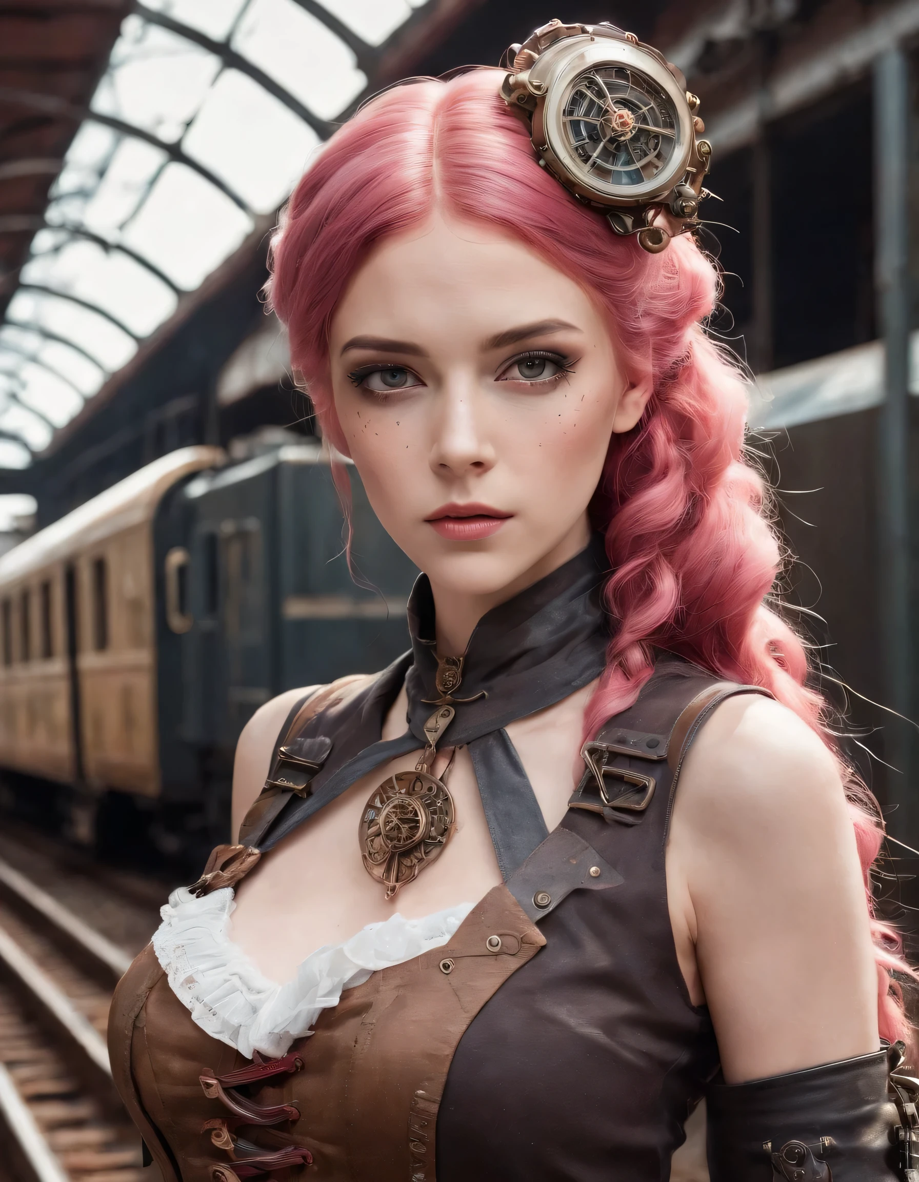 RAW photo, a close portrait photo of 30 y.o woman in wastelander clothes, steampunk, bright make-up, [ash blonde | ginger | pink hair], [undercut hair | long haircut], pale skin, slim body, (high detailed skin:1.2), 8k uhd, dslr, soft lighting, high quality, film grain, Fujifilm XT3, flirting with camera, bridge to the paradise, masterpiece, best quality, high quality, extremely detailed CG unity 8k wallpaper, scenery, outdoors, sky, cloud, day, mountain, landscape, water, tree, blue sky, waterfall, cliff, nature, lake, river, cloudy sky, award winning photography, Bokeh, Depth of Field, HDR, bloom, Chromatic Aberration, Photorealistic, extremely detailed, trending on artstation, trending on CGsociety, Intricate, High Detail, dramatic