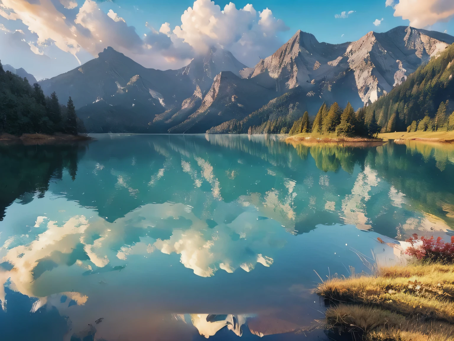 (((reflection))),Lake view with mountains as background, beautiful lake, Colors reflected on the lake, stunning natural background, Really beautiful nature, beautiful place,Beautiful scenery、colorful environment, 4 0 9 6, 美丽的reflection