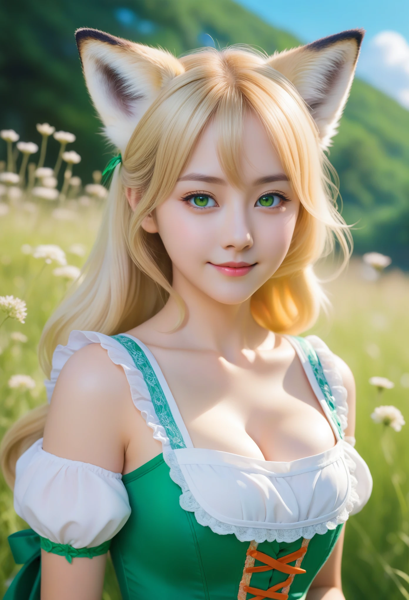 ((Masterpiece)), ((High resolution)), ((Fine detail)), (High-definition CG), high contrast, HDR, (official art), ((volumetric lighting:1.3)), (Backlight:1.1), (glowing:1.2), ((watercolor)), (pale color:1.0), (illustration:1.3), ((pastel:1.1)), (colorful:1.3), (many colors:1.3), (high high quality original art by inchacomusho), blue sky, solo, girl, (fox girl), (beautiful face), (soft smile), long blonde hair, (fox eyes: 1.1), (blonde eyes: 1.3), (middle bust), (green dirndl), dynamic pose, fox ears, animal downy ears, blonde fox tail, background colorful meadow