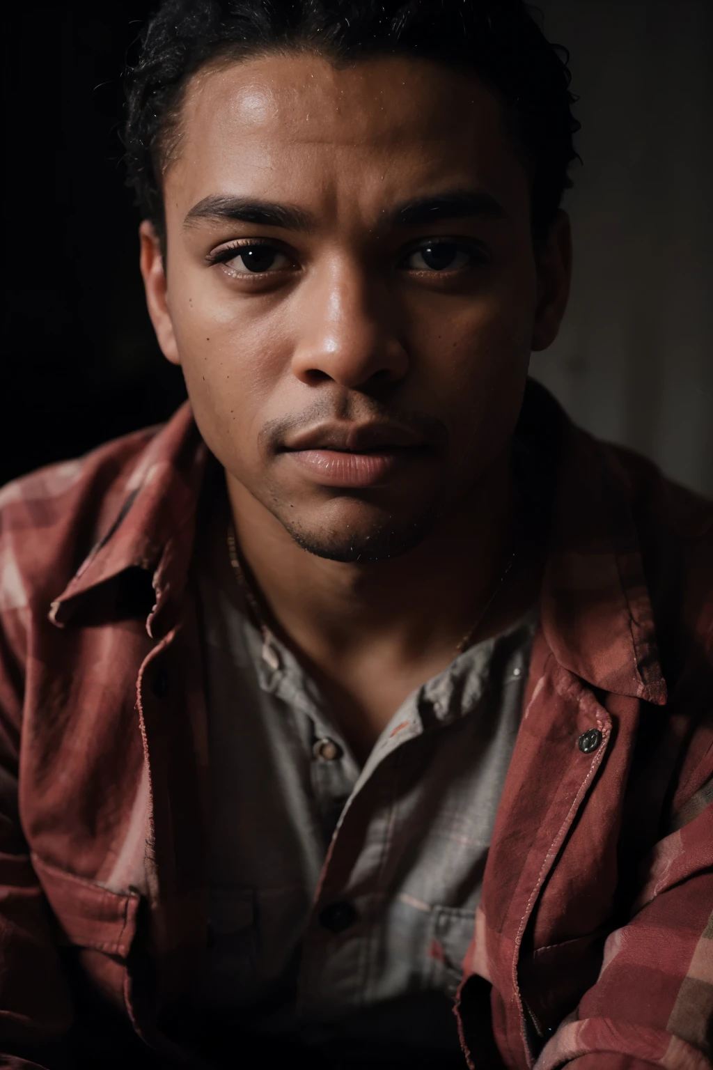 ((best quality)), ((chlifestyle photography shot of a black man, anticipating facial expressions, red flannel shirt, black cargo pants and combat boots, close-up of face, under low lighting, wide angle, shot with a Fujicolor Pro ef-d&#39;artwork)), (detailed), visage parfait