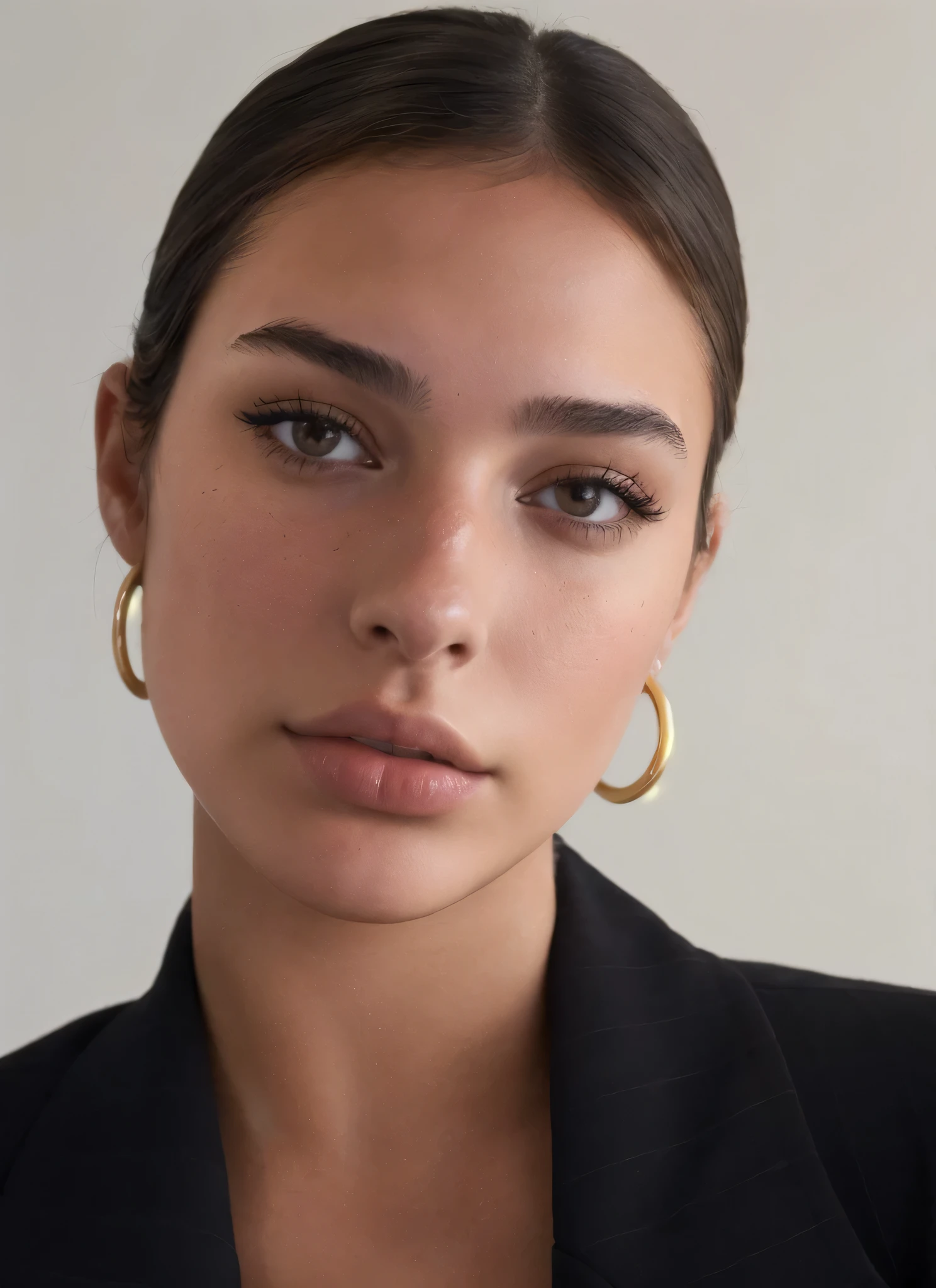 arafed woman wearing a black jacket and gold hoop earrings, portrait sophie mudd, gold hoop earings, portrait emily ratajkowski, close up portrait photo, hoop earrings, dua lipa, julia sarda, woman's face looking off camera, close - up portrait shot, portrait of gal gadot, big earrings, polished look, detailed portrait shot