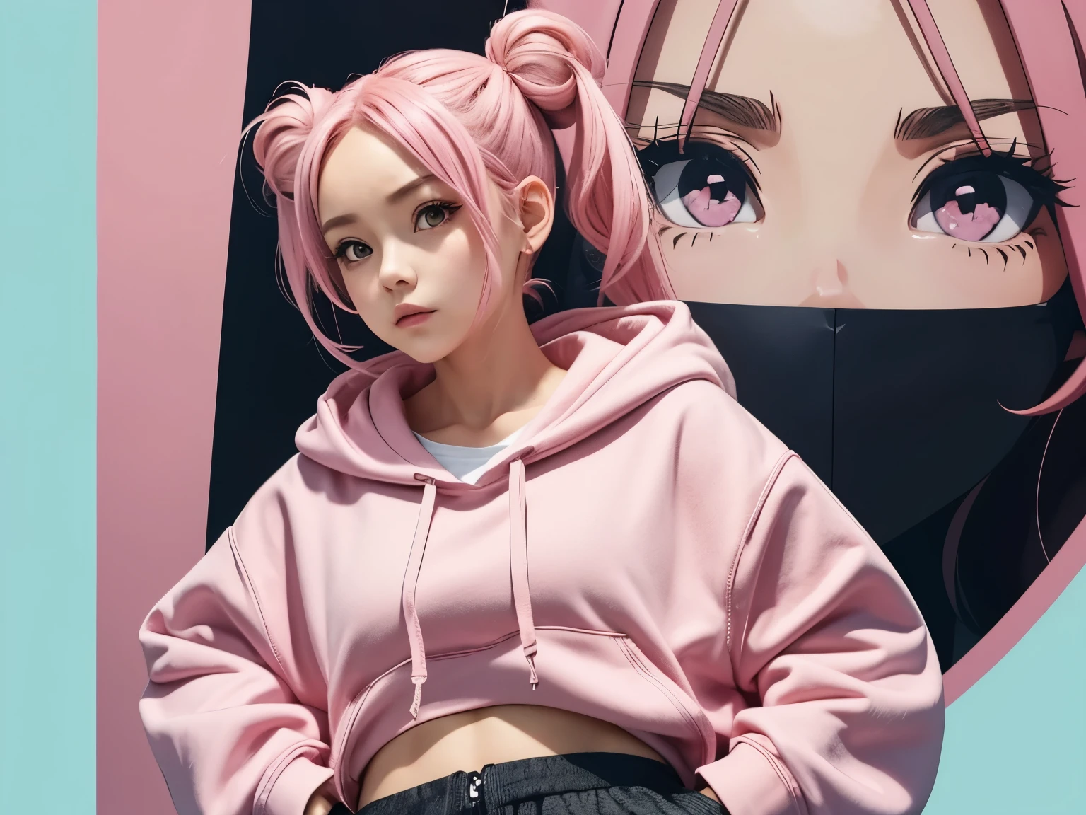 illustration design, 1people、mature woman、Delicate character, twin tails, double chignon、pink hoodie, pink hair, Big eyes, small breasts、 anime style,brown eyes、drop kick