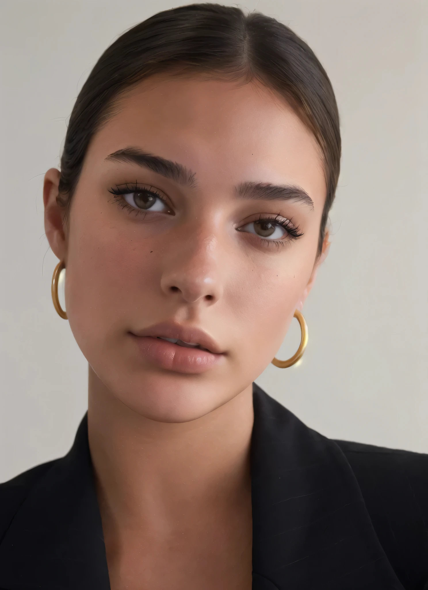 arafed woman wearing a black jacket and gold hoop earrings, portrait sophie mudd, gold hoop earings, portrait emily ratajkowski, close up portrait photo, hoop earrings, dua lipa, julia sarda, woman's face looking off camera, close - up portrait shot, portrait of gal gadot, big earrings, polished look, detailed portrait shot