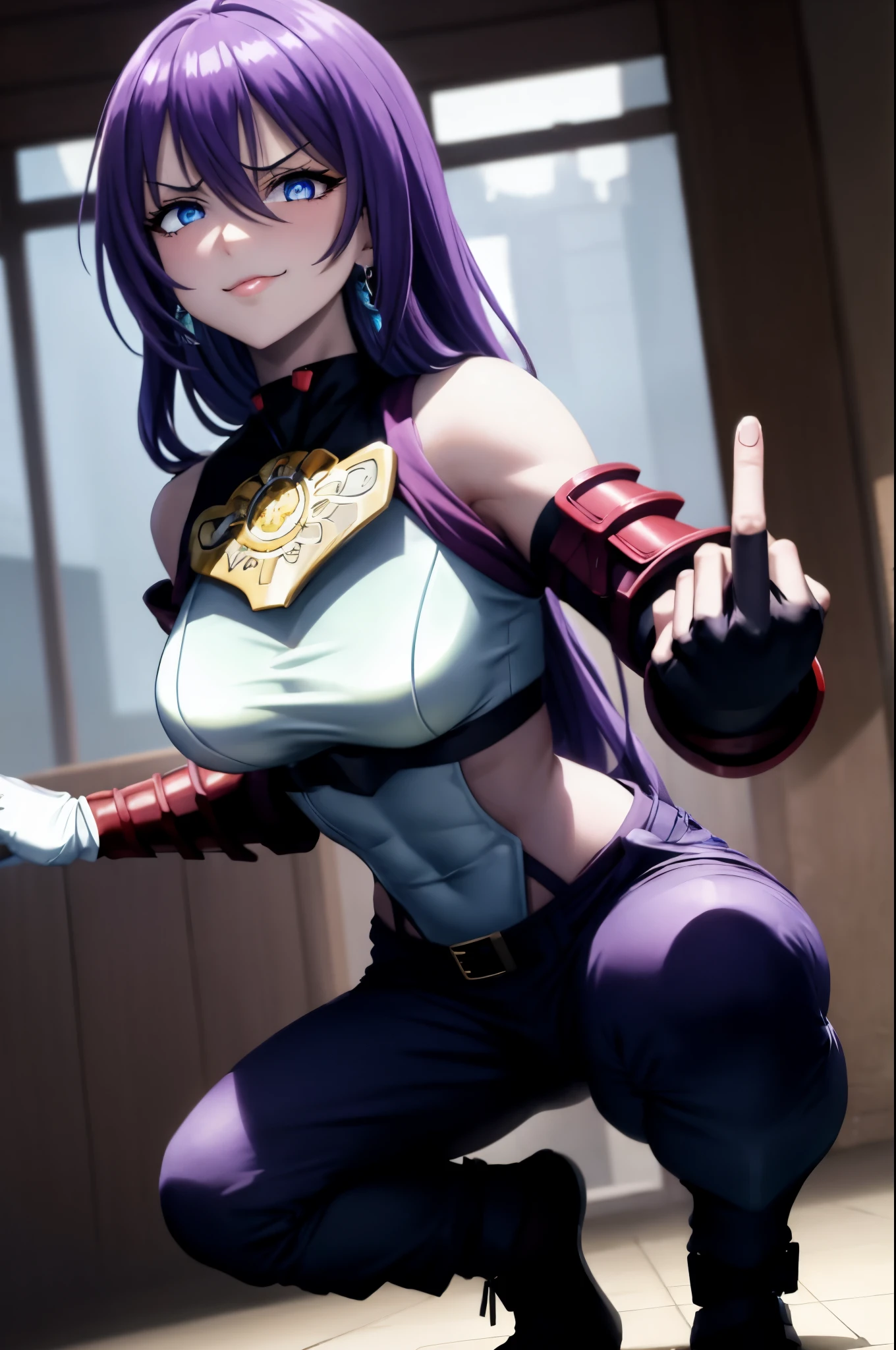 masterpiece, nsfw, perfect lighting, ultra_detailed,  ((1girl)), squatting, muscular female, smug, ArthurPgon, 1girl, purple hair, long hair, bangs, hair between eyes, blue eyes, jewelry, earrings, lips,  (((intenseglare))), shaded_face, glowing_eyes, eye_glint, glare, smile, (((middle finger))), fuck you, medium breasts, (armor), bare shoulders, red gloves, fingerless gloves, hip vent, clothing cutout, (pants), 