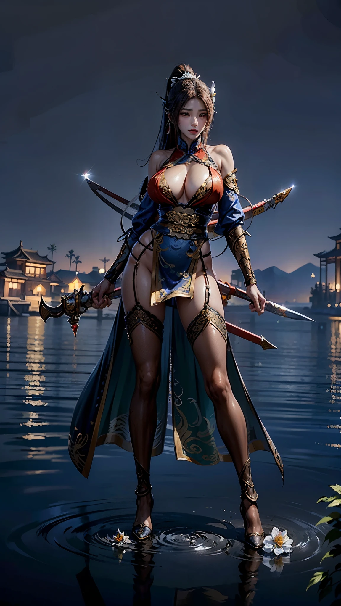 Replace the people in the picture，A woman in a red dress stands in the water holding a sword, Queen of the Sea Mu Yanling, full body xianxia, 《Genshin》Keqing in, kushat krentz critical art women, author：Yang Jie, Onmyoji Detailed Art, 《Genshin》Zhongli in, Irelia, yun ling, 绫香Genshin冲击,((8k+ultra high resolution+ultra high definition+masterpiece+detailed)),(perfect face+supermodel+Delicate skin+high ponytail+big breasts),[[[muscle]]],(((Anatomically correct))) ,