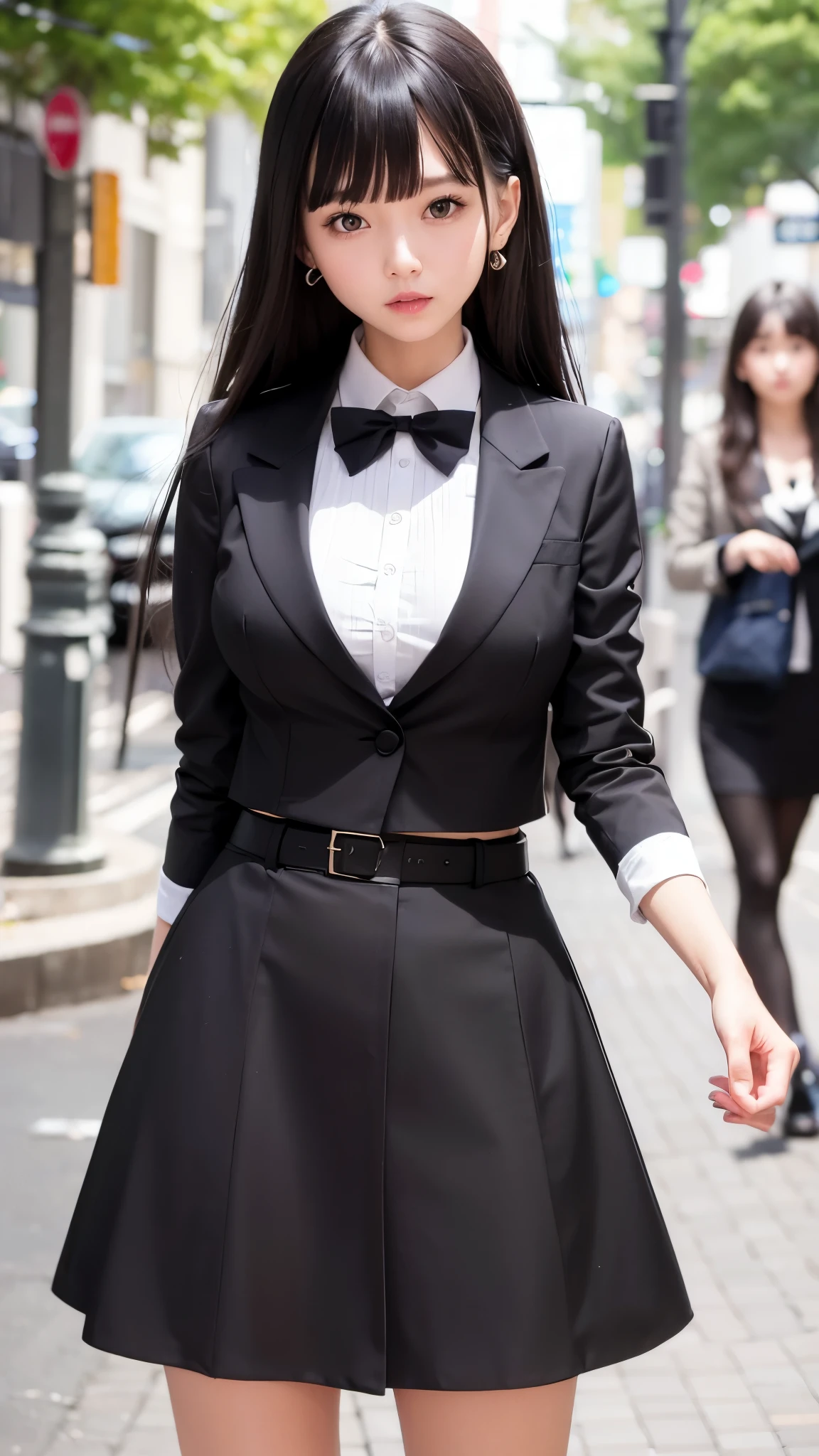 ((best quality)), ((muste piece)), (detailed face), (highlight), princess、Big breasts、blunt bangs、black hair、blazer、skirt、