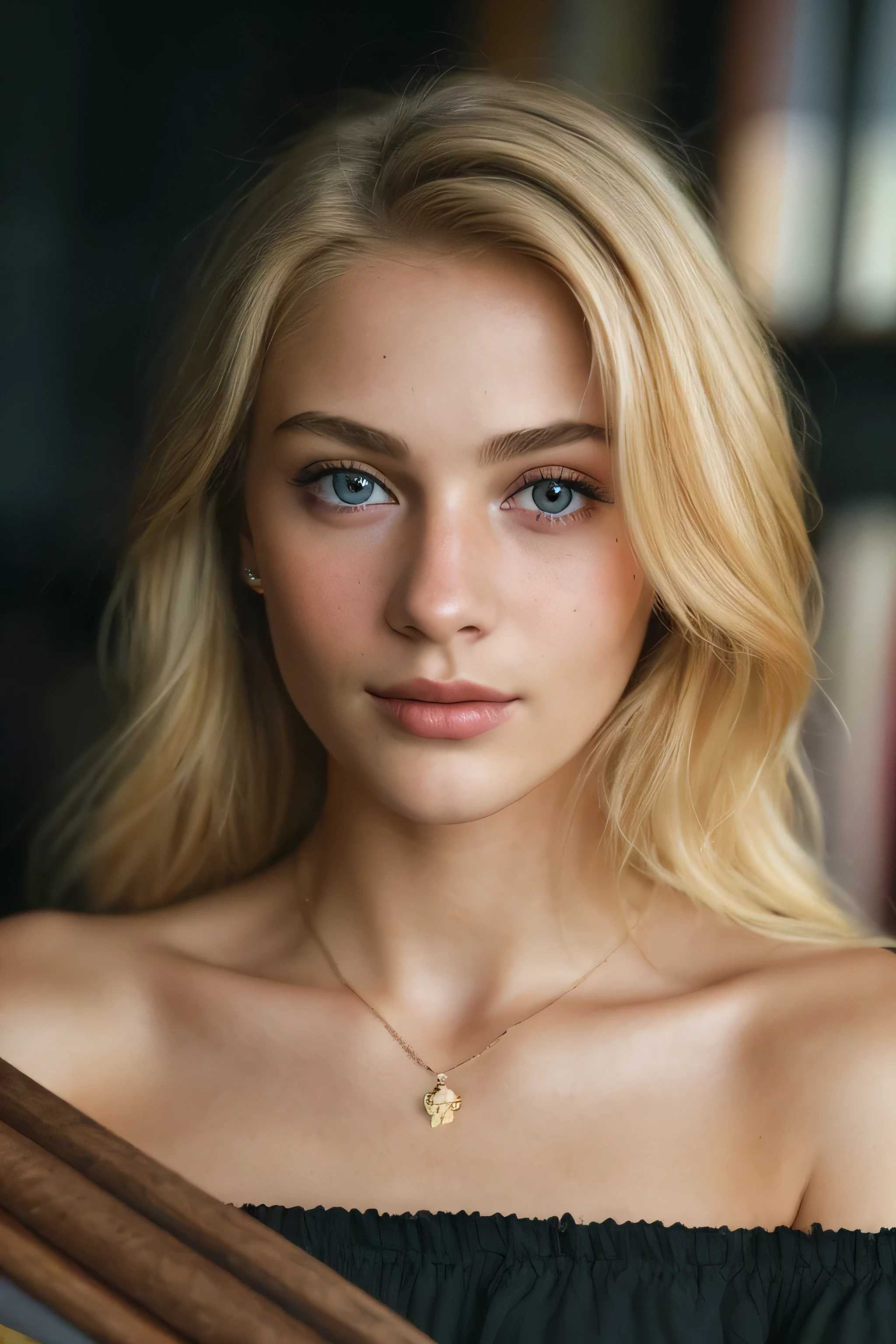 (close-up, editorial photograph of a 19 year blonde woman), blond hairbl, Brown eyes, solo, 19yo, off-shoulder, Top Quality, masterpeace, extra high resolution, (highly detailed face:1.4) (smile:0.7) (background inside dark, moody, private study:1.3) POV, sexy look, by lee jeffries, nikon d850, film stock photograph ,4 kodak portra 400 ,camera f1.6 lens ,rich colors ,hyper realistic ,lifelike texture, dramatic lighting , cinestill 800,
