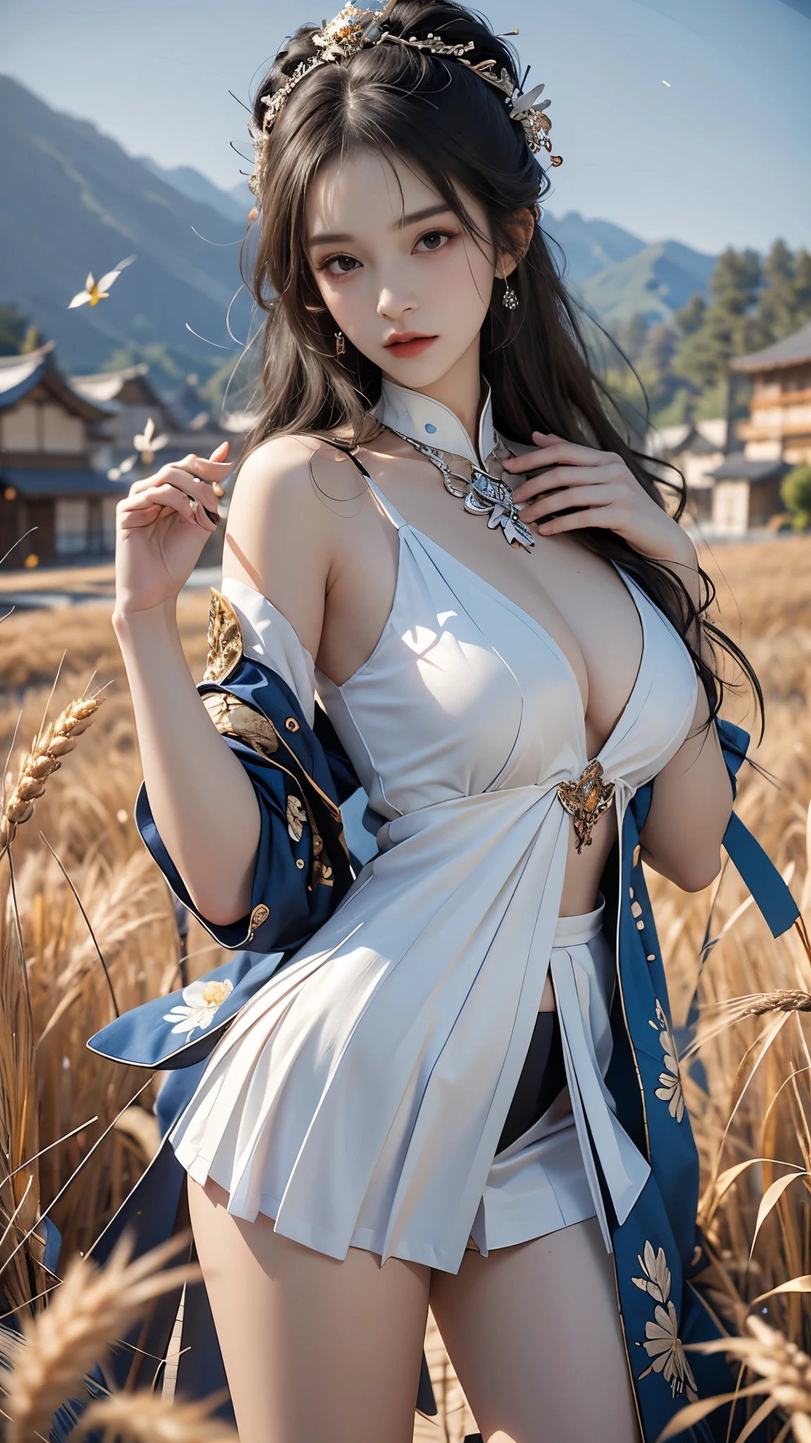 Ukiyo, masterpiece,best quality,high质量,high清晰度,high质量的纹理,high质量的阴影,high细节,beautiful details,fine details,Extremely detailed CG,Detailed texture,lifelike的面部表现,lifelike的,rich and colorful,exquisite,sharp focus,(intricate detailake up,PureErosFace_V1:0.5),(细节美exquisite脸,(细节美exquisite眼睛),Perfect比例的脸,highDetails of the skin,Details of the skin,Four fingers and one thumb in optimal proportions,emaciated:1.3),1 girl,,high,(光滑的abdominal muscles:1.55),(abdominal muscles:0.5),pretty,Perfect,high,((bare shoulders)), ((The skirt is short)), (long legs),(straight legs),(thin waist),((White skin)),White skin,((White skin)),(emma watson),Big breasts,((Caucasian)),light blonde hair,Stand with legs apart,looking at the audience,whole body,Portrait of cute blonde girl,((Standing in the wheat field,Look into the distance)),bloom,orange mist,sports,Wisps of hair,lifelike,high品质渲染,amazing art,high品质,film texture,Fujifilm XT3,dream