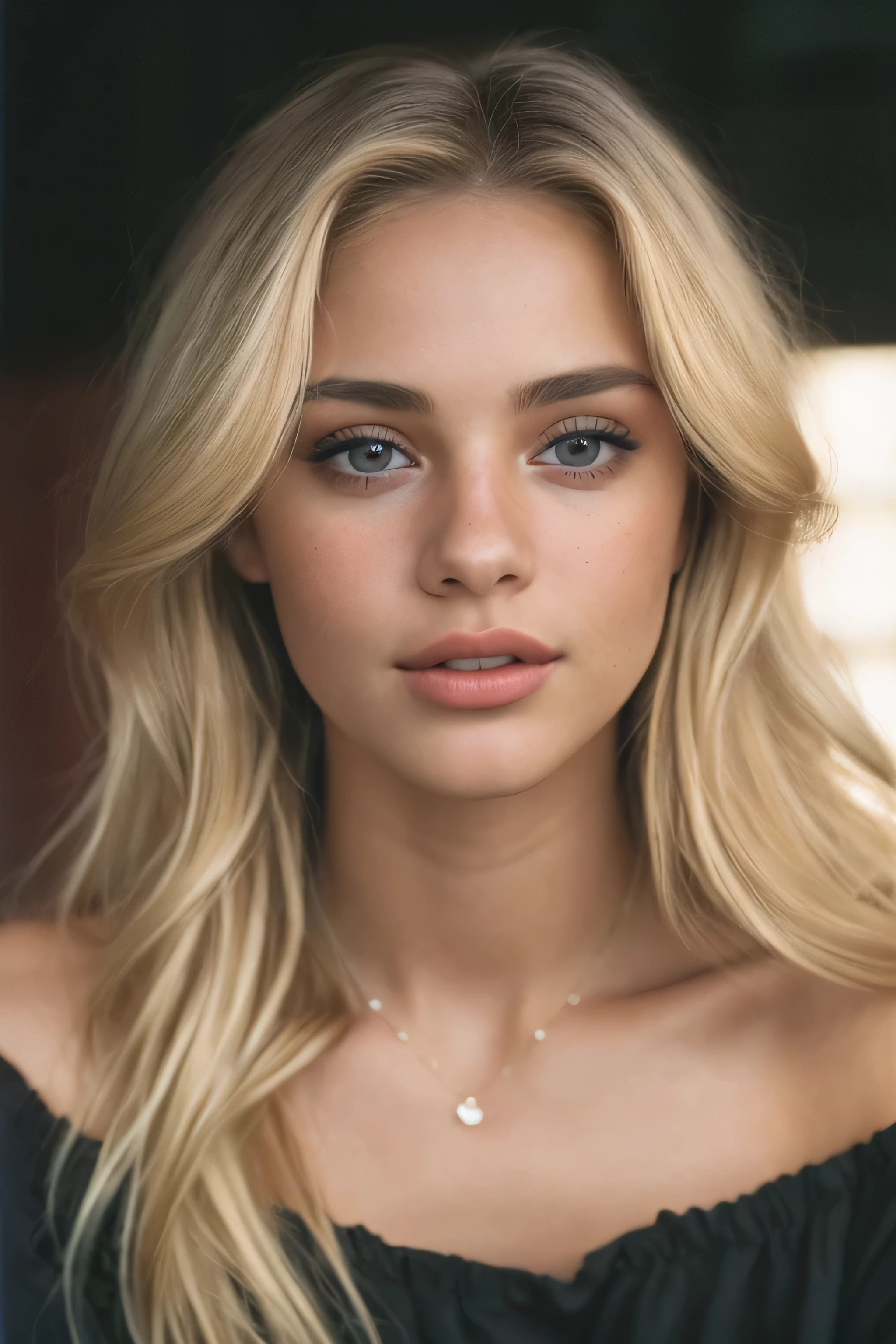 1 girl 24 years old, One, long hair, medium breasts, Looking at the viewer, blonde hair, bare shoulders, Brown eyes, Jewelry, whole body, Necklace, Off the shoulder, short white blouse, lips, Realistic, nose, Flirting with the camera