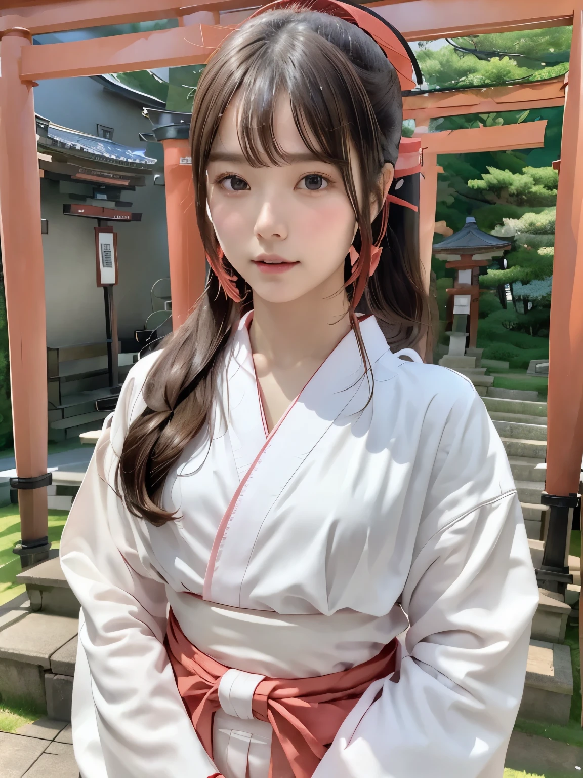 highest quality、8K、ultra high resolution、Super detailed face and eyes、Highly detailed face and skin texture、glowing skin、shiny skin、master piece:1.3、1 girl、super detail face、delicate eyes、double eyelid、full shot、short ponytail、20-year-old、brown hair、full body angle、Full body figure、((shrine maiden、shrine maiden服、shrine、white clothes、Pink Hakama、torii))、No expression