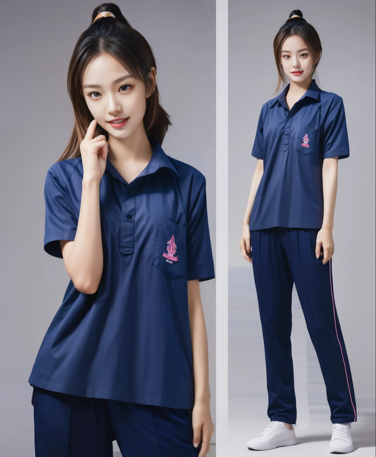 (best quality,10,10,height,Masterpiece:1.2),Special details,(realistic,ภาพrealistic,Realistic photos:1.37),1 Cute girl in the kitchen,shiny, ผิวshiny,only,smile softly,BDclothelue shirt:1.3)),short sleeve,shirt, กางเกงขาlong.,(navy_long_track pants:1.1), ((Kitchen Background)),Dynamic angle,excited,Face focus,dynamic poses,from behind,focus on ass,Masterpiece, best quality, ultra realistic, Too many details, 8k resolution, raw photos, Sharp focus, ((Navy blue shirt:1.1)), short sleeve, เส้นทางlong, perfect body, 2 mature women, 18 years old, Cinema-grade lighting system,blue sweatpants,shirtผ้าออกกำลังกาย,correct anatomy,perfect body, correct body, Sharp face, correct bodyทางกายวิภาค, full body, realistic gestures, long-haired, realistic poses,Wear long shorts...........................,ช่วงขาlong,Good shape,carved girl, Slender figure, model, Good shape, beautiful body,blue sweatpants, two girls kissing