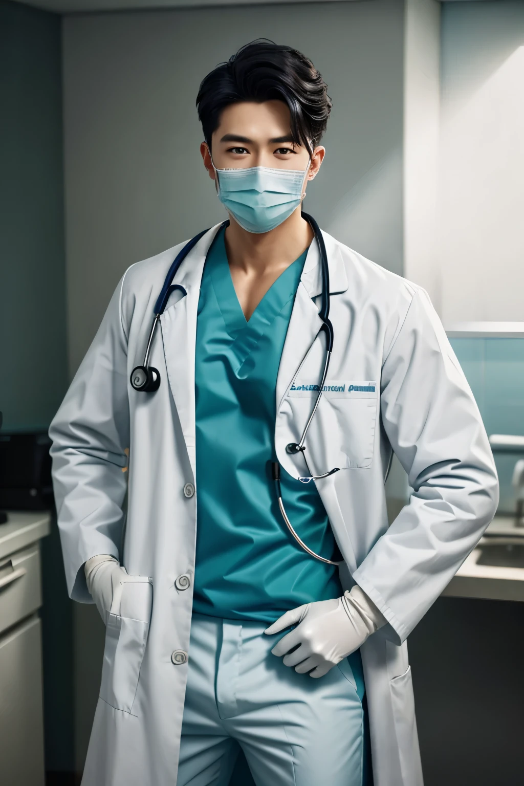 sexy doctor,stethoscope,coat/shirt/scrubs,surgical mask,pants,white gloves,, best quality,masterpiece,highres,1boy, cowboy shot,