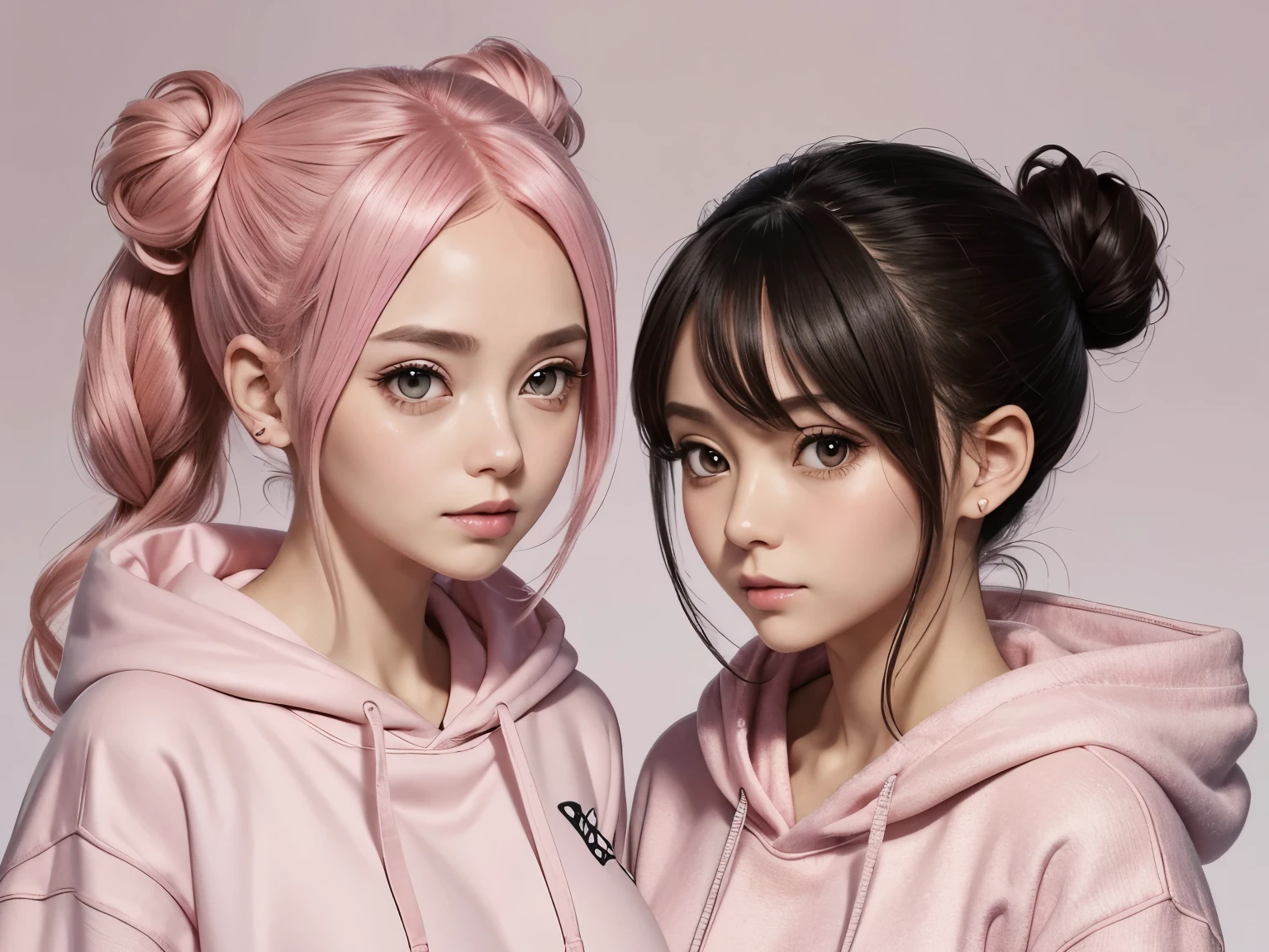 illustration design, 1people、mature woman、Delicate character, twin tails, double chignon、pink hoodie, pink hair, Big eyes, small breasts、 anime style,brown eyes