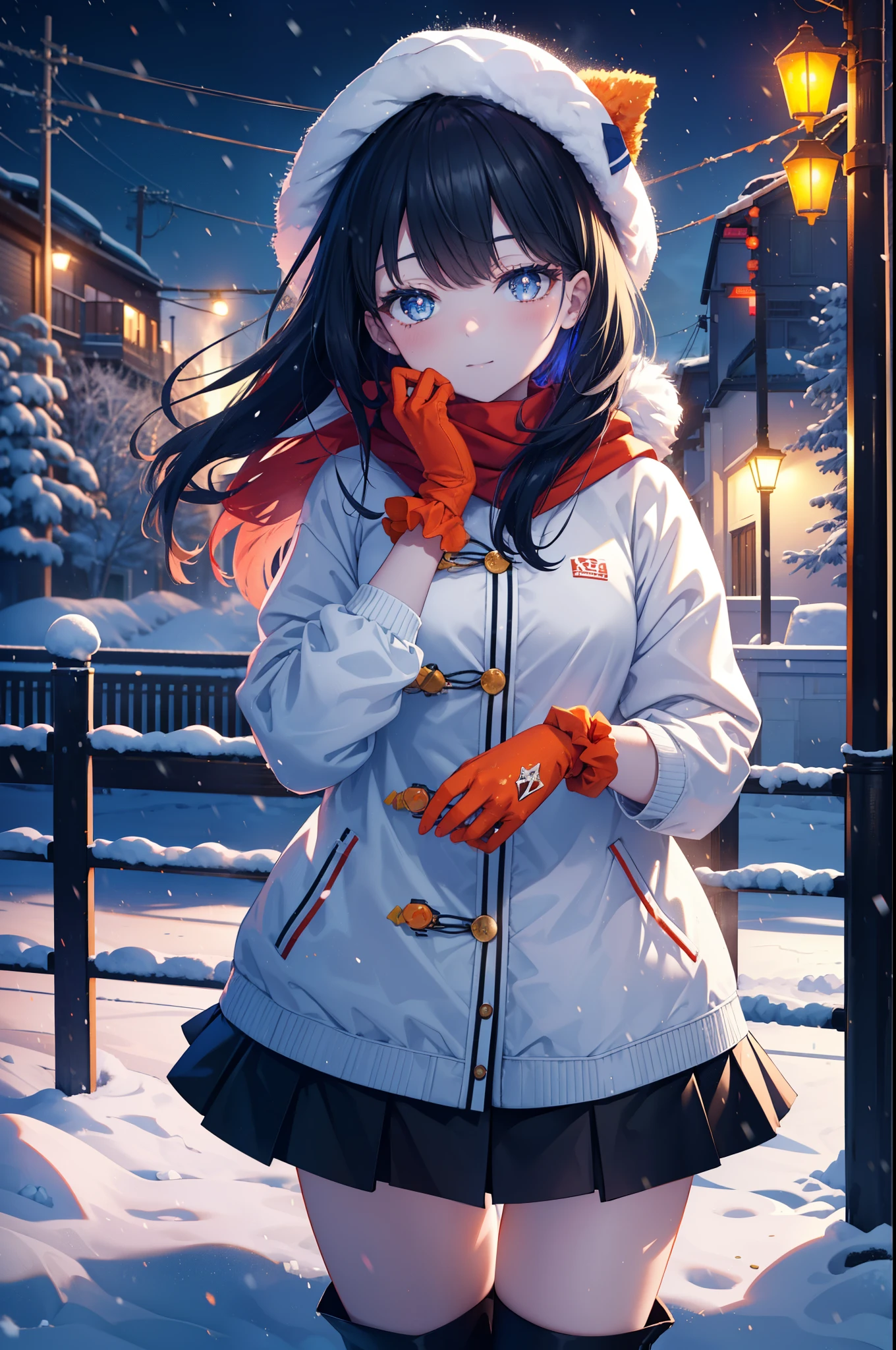 It&#39;s a good body, rikka takarada, black hair, blue eyes, long hair, orange Scrunchie, Scrunchie, wrist Scrunchie,knit hat happy smile, smile, open your mouth,Red Scarf,white fluffy long coat, fluffy red gloves,turtleneck, black long skirt,black pantyhose,short boots,winter,snow is falling,It&#39;s snowing,evening,夕日
break outdoors,In town,residential street,
break looking at viewer, (cowboy shot:1.5),
break (masterpiece:1.2), highest quality, High resolution, unity 8k wallpaper, (figure:0.8), (detailed and beautiful eyes:1.6), highly detailed face, perfect lighting, Very detailed CG, (perfect hands, perfect anatomy),