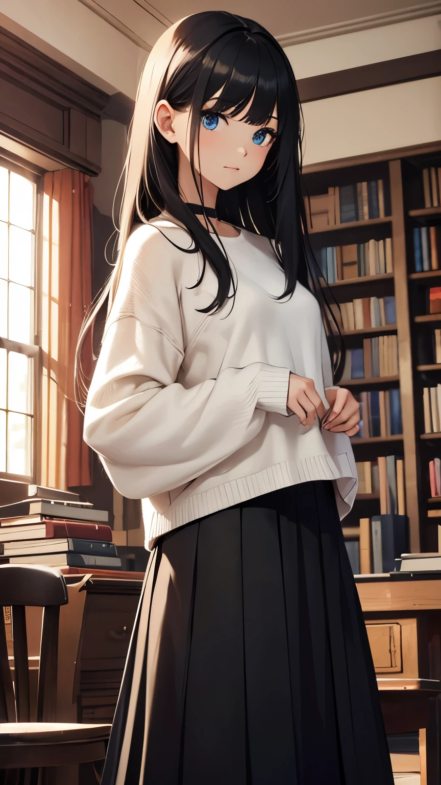 CG, unity, 8k, wallpaper, highest quality, masterpiece, A woman with a gentle impression, (soft smile: 1.5), (long black hair, trimmed bangs, Hairstyle called Hime cut: 1.5), BREAK, white skin, BREAK, deep blue eyes, BREAK, white sweater, BREAK, black long skirt, BREAK, best lighting, complex pupils, complex textile, detailed background, at a used bookstore, There are many books stacked around her, scattered books, (evening: 1.5), (Nostalgic and ephemeral atmosphere: 1.5), (A picture dyed in madder red: 1.2), particles of light, high angle, sit in a chair and look up at the viewer, view from above