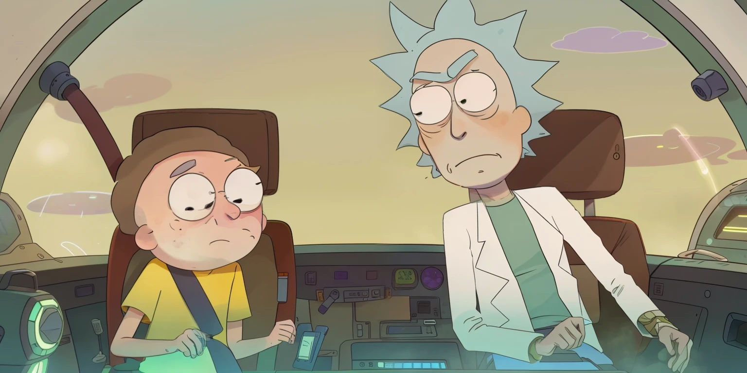 Rick, from rick and Morty, and Morty, rick from and Morty, in a spaceship
