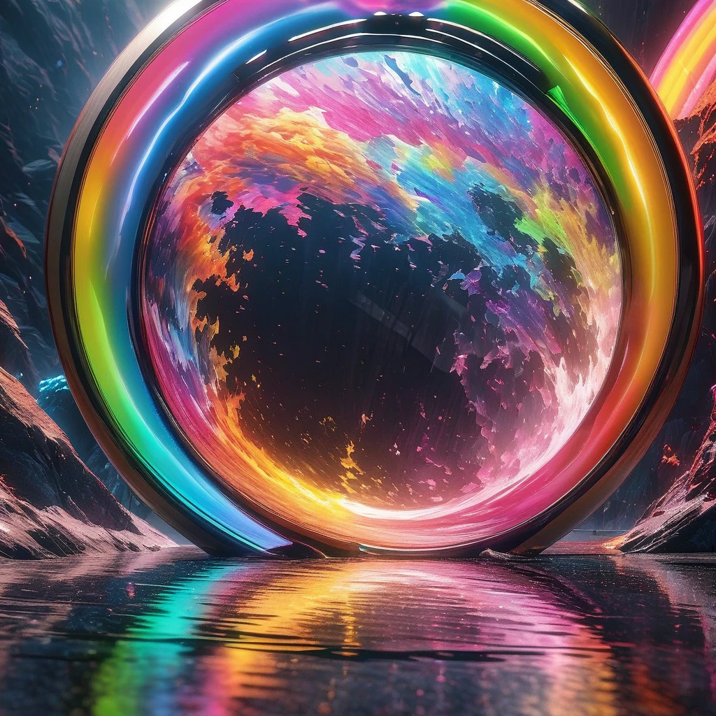 Reflection, aesthetic, extremely detailed, Rainbow explosion with reflection in water, made of coloured particles, high contrast: COLORFUL: 3D: ultra-fine details: dramatic lighting: splash art: professional photography, ZBrushCentral: finalRender: sharp focus: Unreal Engine 5 Trending on Artstation drip art fluid acrylics