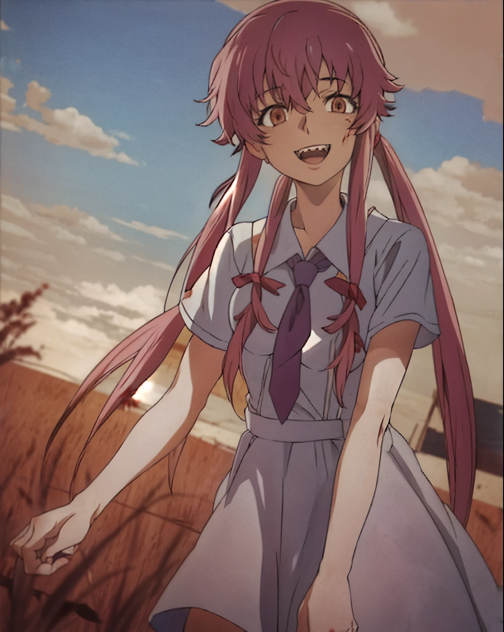 yuno gasai, 1girl, chainsaw, solo, twintails, necktie, blood, teeth, blood_on_clothes, holding, dress, smile, open_mouth, sharp_teeth, red_eyes, weapon, blood_on_face, outdoors, looking_at_viewer, holding_weapon, pink_hair, white_dress, short_sleeves, sky, breasts, blue_necktie, cloud, artist_name, crazy_smile, :d, shirt, cloudy_sky, low_twintails, yuno_gasai, 