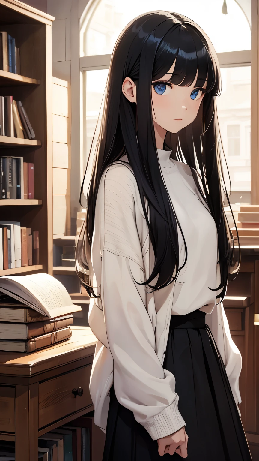 CG, unity, 8k, wallpaper, highest quality, masterpiece, A woman with a gentle impression, (soft smile: 1.5), (long black hair, trimmed bangs, Hairstyle called Hime cut: 1.5), BREAK, white skin, BREAK, deep blue eyes, BREAK, white sweater, BREAK, black long skirt, BREAK, best lighting, complex pupils, complex textile, detailed background, at a used bookstore, There are many books stacked around her, scattered books, (evening: 1.5), (Nostalgic and ephemeral atmosphere: 1.5), (A picture dyed in madder red: 1.2), particles of light, high angle, sit in a chair and look up at the viewer, view from above