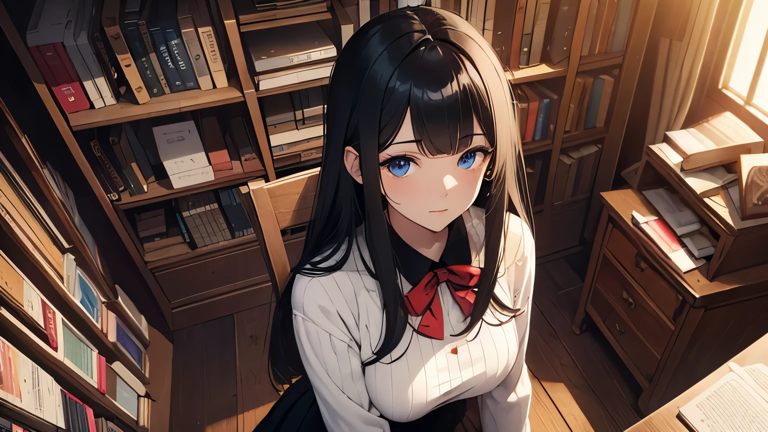 CG, unity, 8k, wallpaper, highest quality, masterpiece, A woman with a gentle impression, (soft smile: 1.5), (long black hair, trimmed bangs, Hairstyle called Hime cut: 1.5), BREAK, white skin, BREAK, deep blue eyes, BREAK, white sweater, BREAK, black long skirt, BREAK, best lighting, complex pupils, complex textile, detailed background, at a used bookstore, There are many books stacked around her, scattered books, (evening: 1.5), (Nostalgic and ephemeral atmosphere: 1.5), (A picture dyed in madder red: 1.2), particles of light, high angle, sit in a chair and look up at the viewer, view from above