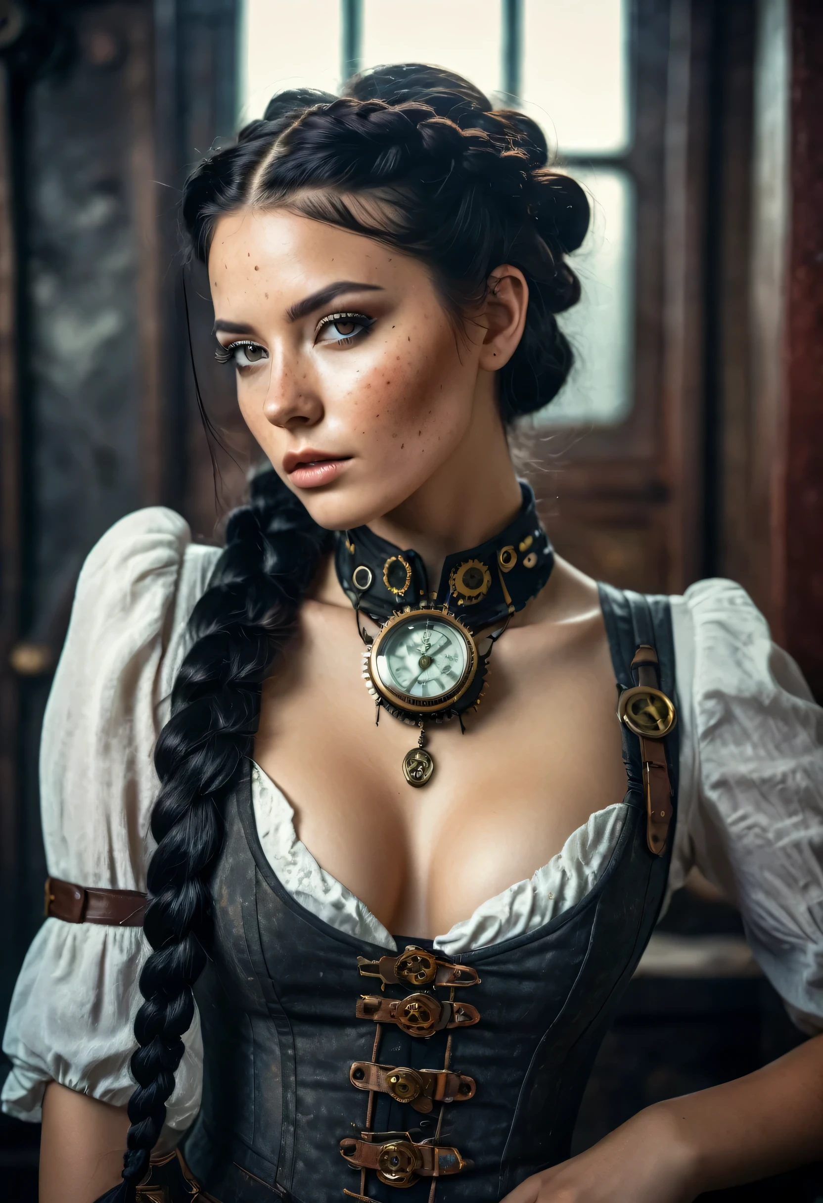 (Realisttic:1.2), analog photo style, Beautiful woman, posing, with freckles and and long Black hair braided, (steampunk dark fantasy atmosphere), soft natural light, cute and sexy, great quality, Masterpiece, detailed strange background, better performance, 16k quality, HDR, RAW photo