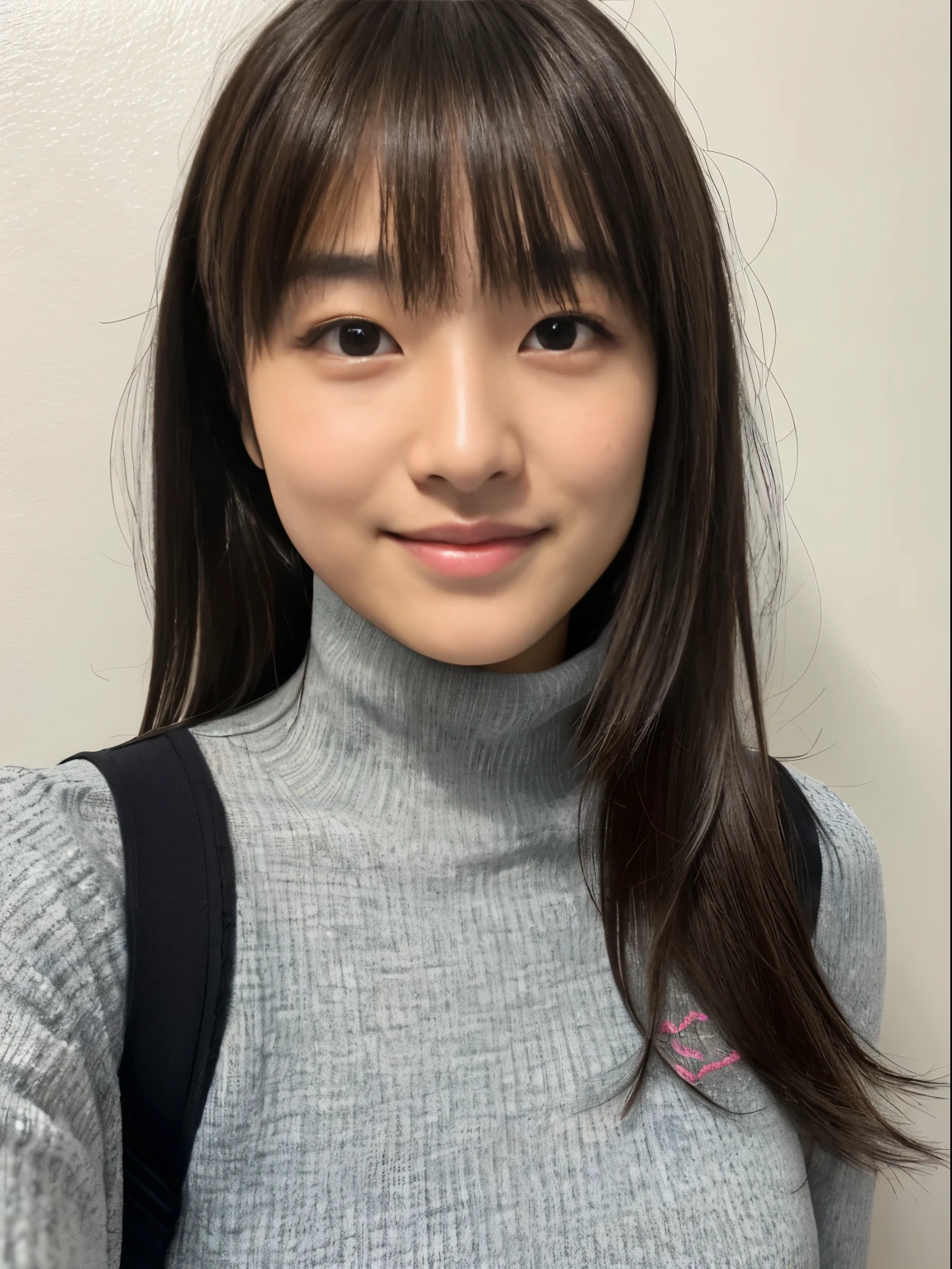(Raw photography)、(Photorealsitic)、(masterpiece)、(top-quality)、超A high resolution、(Eye of Detail)、(A detailed face)、(Detailed clothing)、nffsw、
Beautiful Japan Woman、age19
(length hair、bangss、hair messy、oblique bangs)、
shinny skin、
turtle neck、
smil、
(upperbody shot:1.2)、