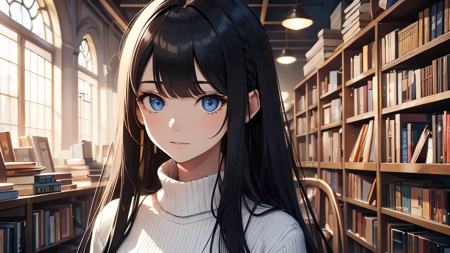 CG, unity, 8k, wallpaper, highest quality, masterpiece, A woman with a gentle impression, (soft smile: 1.5), (long black hair, trimmed bangs, Hairstyle called Hime cut: 1.5), BREAK, white skin, BREAK, deep blue eyes, BREAK, white sweater, BREAK, black long skirt, BREAK, best lighting, complex pupils, complex textile, detailed background, at a used bookstore, There are many books stacked around her, scattered books, (evening: 1.5), (Nostalgic and ephemeral atmosphere: 1.5), (A picture dyed in madder red: 1.2), particles of light, high angle, sit in a chair and look up at the viewer, view from above