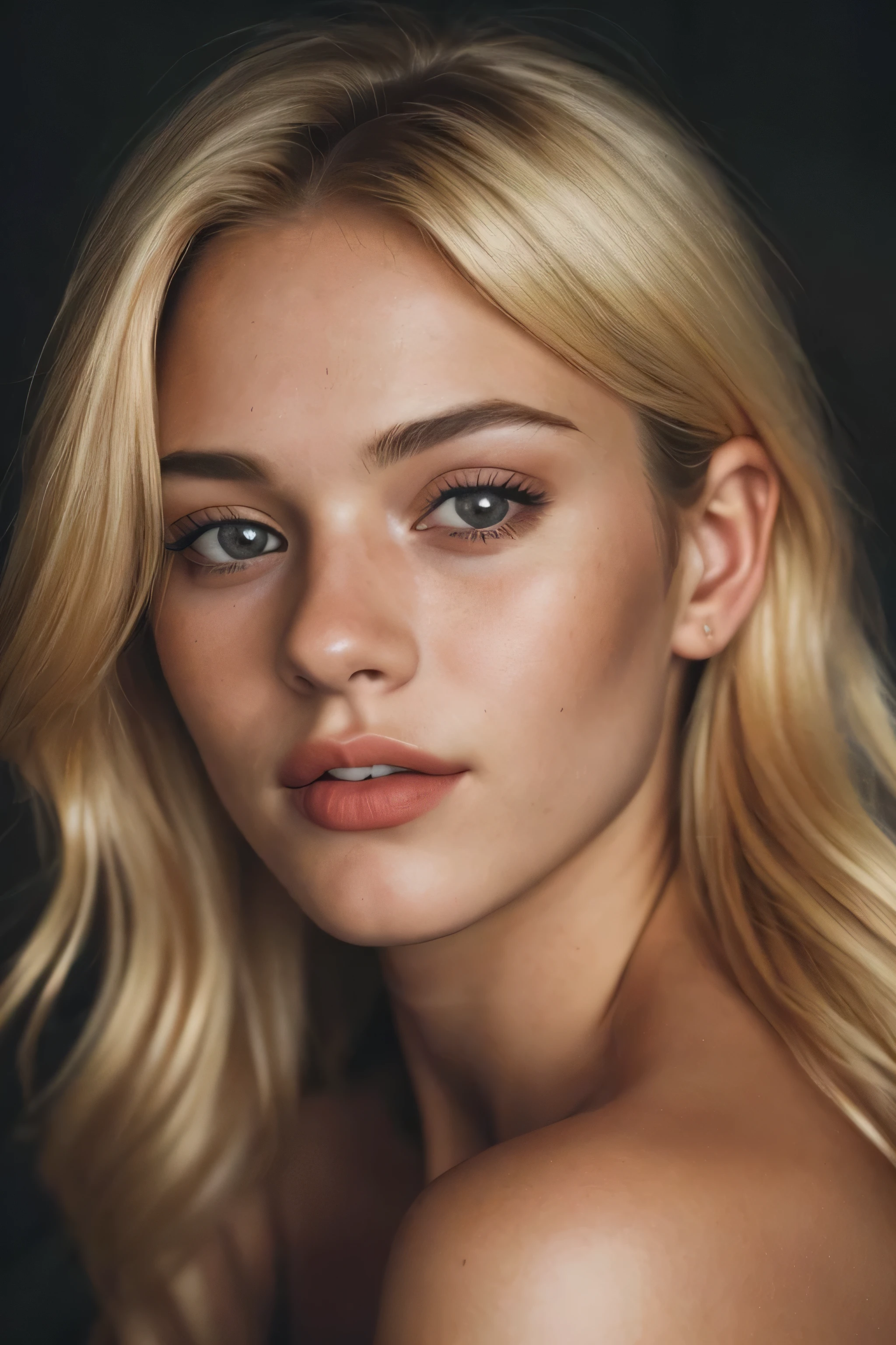 (close-up, editorial photograph of a 19 year blonde woman), blond hairbl, Brown eyes, solo, happy gin, 19yo, off-shoulder, Top Quality, masterpeace, extra high resolution, (highly detailed face:1.4) (smile:0.7) (background inside dark, moody, private study:1.3) POV, sexy look, by lee jeffries, nikon d850, film stock photograph ,4 kodak portra 400 ,camera f1.6 lens ,rich colors ,hyper realistic ,lifelike texture, dramatic lighting , cinestill 800,