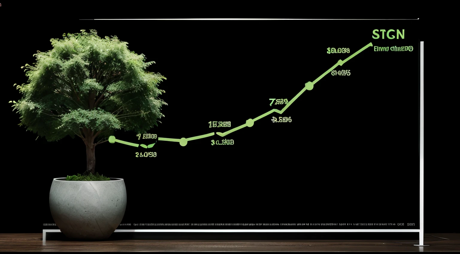 a background, graphs, green charts, coins, growth trees, dollar sign