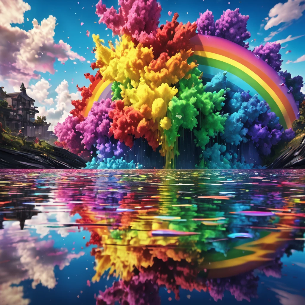 Reflection, aesthetic, extremely detailed, Rainbow explosion with reflection in water, made of coloured particles, high contrast: COLORFUL: 3D: ultra-fine details: dramatic lighting: splash art: professional photography, ZBrushCentral: finalRender: sharp focus: Unreal Engine 5 Trending on Artstation drip art fluid acrylics