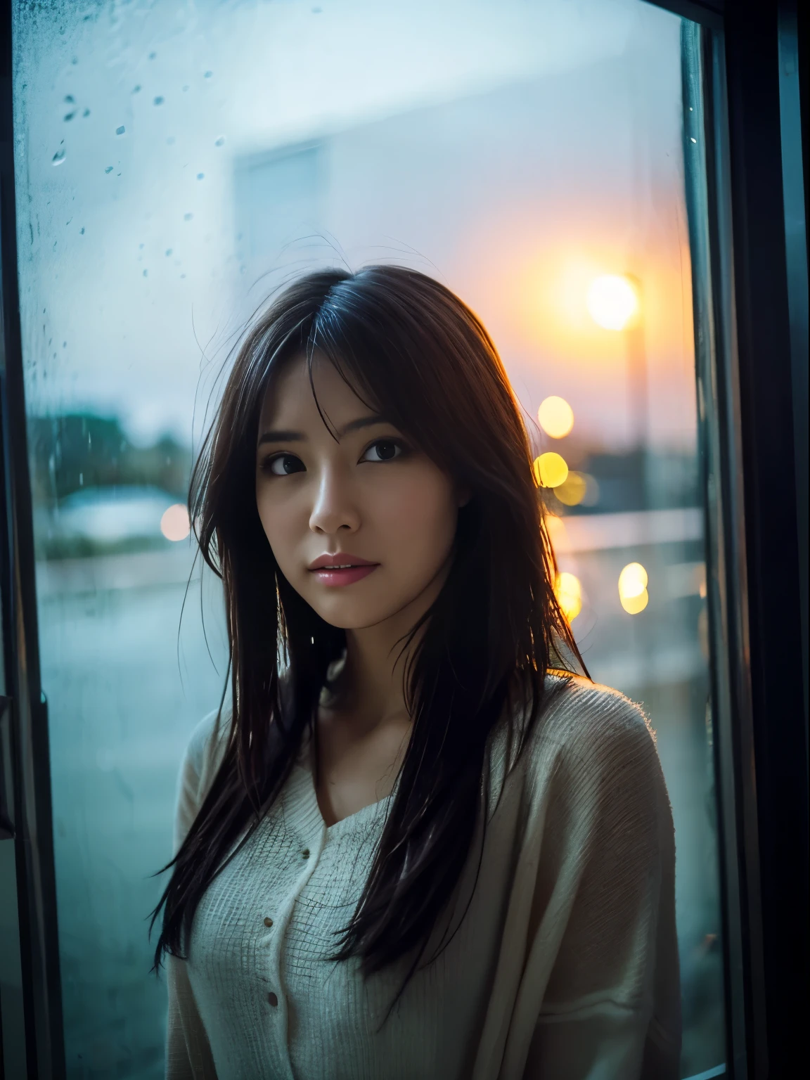 one beautiful women、frontage、Angle at which the hips are raised、A detailed eye、big eye、black eyes、fair white skin、thin、Dark hair、length hair、wetting hair、wetted skin、Hotel room with night view on background、Rain outside the window、Water droplets on the window、Swollen eyes、sad Facial expression、A sexy、Street style、natta、straight haired、