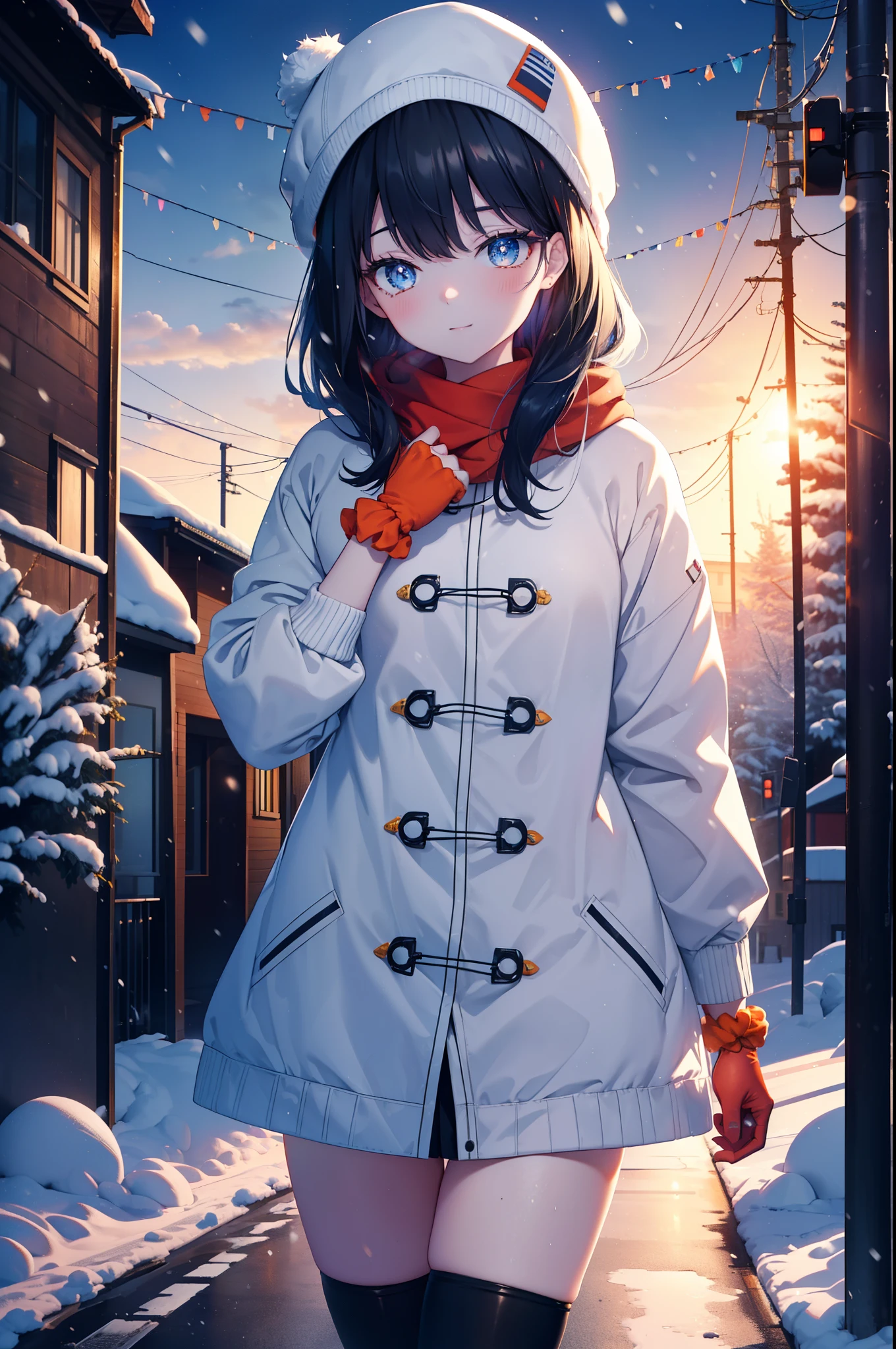 It&#39;s a good body, rikka takarada, black hair, blue eyes, long hair, orange Scrunchie, Scrunchie, wrist Scrunchie,knit hat happy smile, smile, open your mouth,Red Scarf,white fluffy long coat, fluffy red gloves,turtleneck, black long skirt,black pantyhose,short boots,winter,snow is falling,It&#39;s snowing,evening,夕日
break outdoors,In town,residential street,
break looking at viewer, (cowboy shot:1.5),
break (masterpiece:1.2), highest quality, High resolution, unity 8k wallpaper, (figure:0.8), (detailed and beautiful eyes:1.6), highly detailed face, perfect lighting, Very detailed CG, (perfect hands, perfect anatomy),