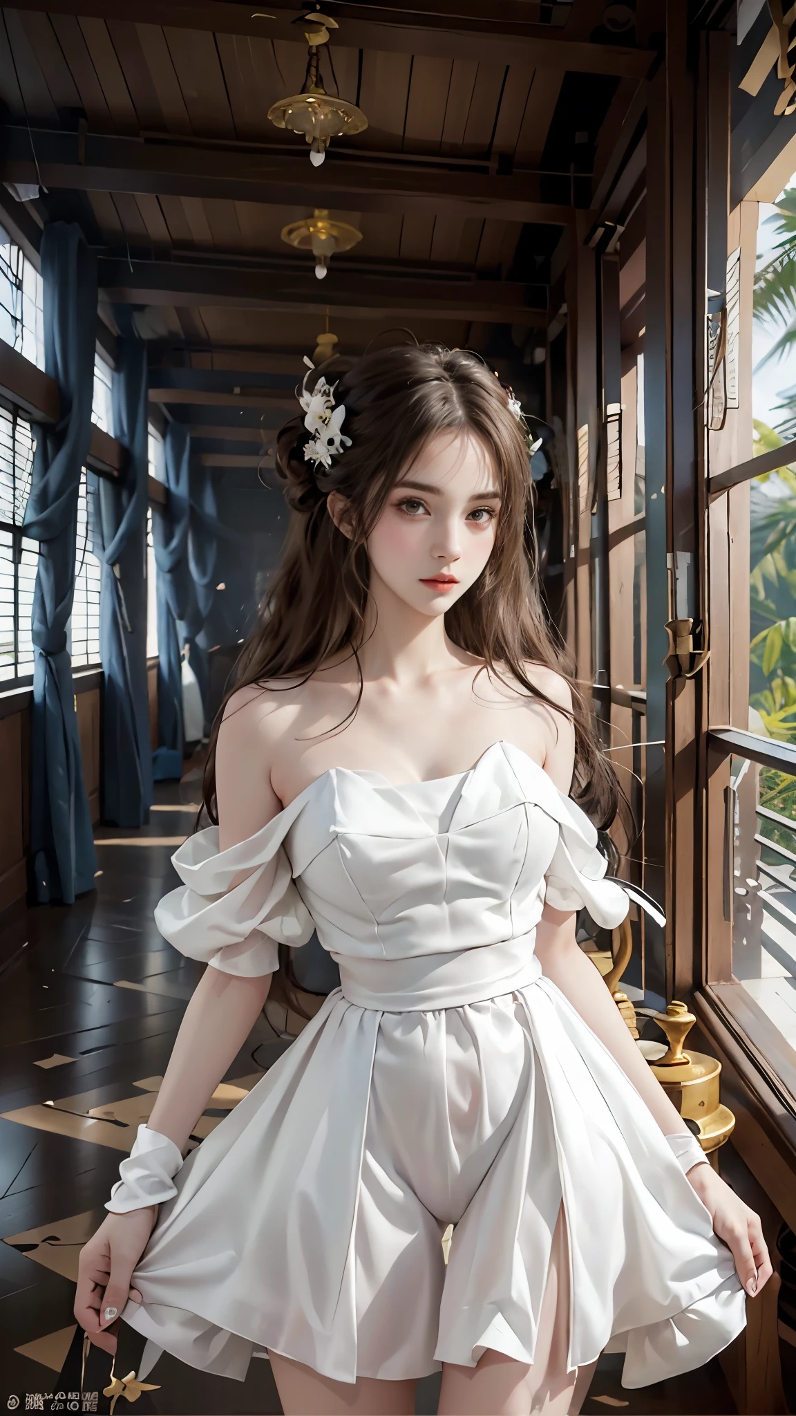 wearing mini_dress, masterpiece，best quality，high质量，high清晰度，high质量的纹理，high质量的阴影，high细节，beautiful details，fine details，Extremely detailed CG，Detailed texture，lifelike的面部表现，lifelike的，rich and colorful，exquisite，sharp focus，(intricate detailake up，PureErosFace_V1:0.5)，(细节美exquisite脸，(细节美exquisite眼睛)，Perfect比例的脸，highDetails of the skin，Details of the skin，Four fingers and one thumb in optimal proportions，emaciated:1.3)，1 girl，17 years old，high，(光滑的abdominal muscles:1.55)，(abdominal muscles:0.5)，pretty，Perfect，high，((bare shoulders)), ((The skirt is short)), (long legs)，(straight legs)，(thin waist)，((White skin))，White skin，((White skin))，(emma watson)，Big breasts，((Caucasian))，light blonde hair，Stand with legs apart，looking at the audience，whole body，Portrait of cute blonde girl，((Standing in the wheat field,Look into the distance))，bloom，orange mist，sports，Wisps of hair，lifelike，high品质渲染，amazing art，high品质，film texture，Fujifilm XT3，dream