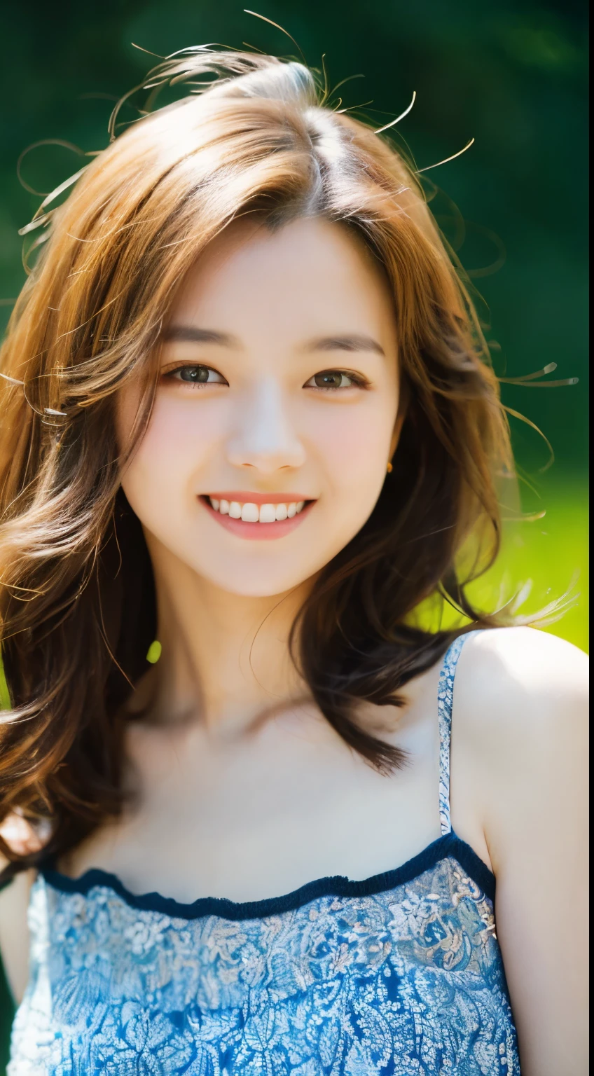 Movie, Portrait photography, 1 german girl, beautiful smile,Splendid,bare shoulders, Shoulder length wavy hair, (RealisticDetailed eyes, natural skin texture, Realistic facial details), Soft dramatic lighting, depth of field, Bokeh, Vibrant details, Detailed, surreal, 35mm film,((Masterpiece、quality、super detailed、intricate details、high resolution、Very detailed))、plump bust,spring,In the spring,Upper body