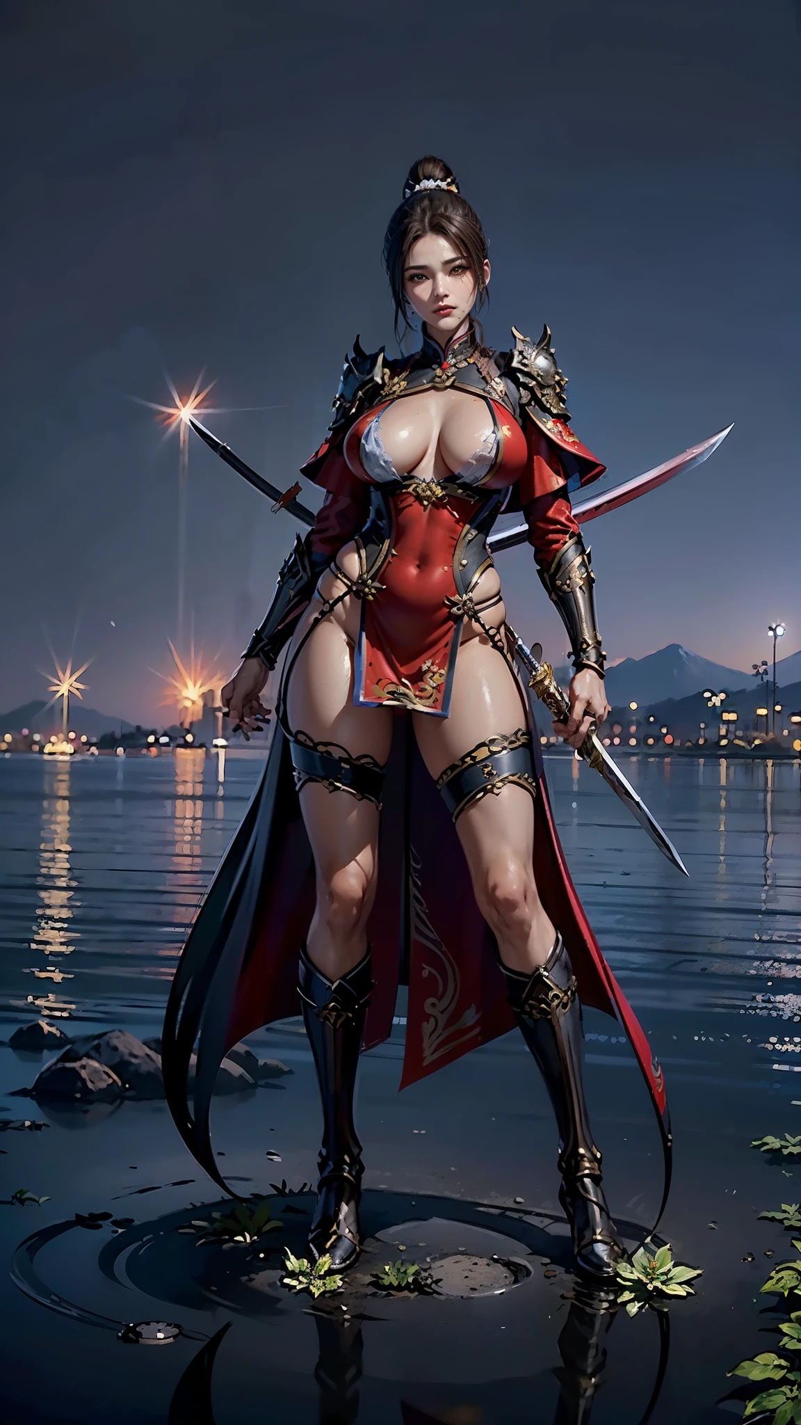 Replace the people in the picture，（Close-up of a woman in a red dress holding two swords）, Black fire reflective armor, Sharp silver armor and purple skin, from Descent 2, Black and red reflective armor, Lineage 2 style, Purple skin under the armor, female assassin, female rouge killer, warrior outfit, full body xianxia, Full body martial arts，((8k+ultra high resolution+ultra high definition+masterpiece+detailed)),(perfect face+slim body+Delicate skin+high ponytail+huge breasts),[[[muscle]]],(((Anatomically correct))) ,