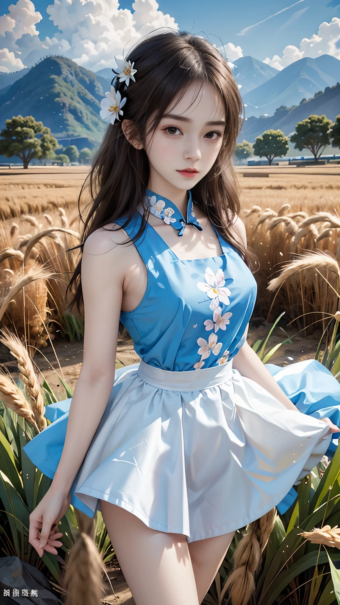 ((SFW: 1.4)), ((Beautiful grassland in the great outdoors:1.2)), ((Detailed face:1.1, Professional photography)), ((SFW, Cute Magical Girl Uniform Top:1.4, 1 girl)), Ultra-high resolution, (Realistic: 1.4), RAW Photos, highest quality, (PhotoRealistic Stick), concentrated, Soft Light, ((, Baby Face)),se)), (((Young Face))), (surfah of written boundary), ((Small breasts, Chest Opening:1.2)), masterpiece, (Realistic), woman, (((1 girl))), (Detailed hands), (high waist, Narrow waist:1.2), (Idol Face), (Detailed hands:1.1), (((heroine pose))), (View the viewer:1.4), (Hair blowing in the wind:1.4), (((Cute hair ribbon))), (A strong sense of justice:1.2)